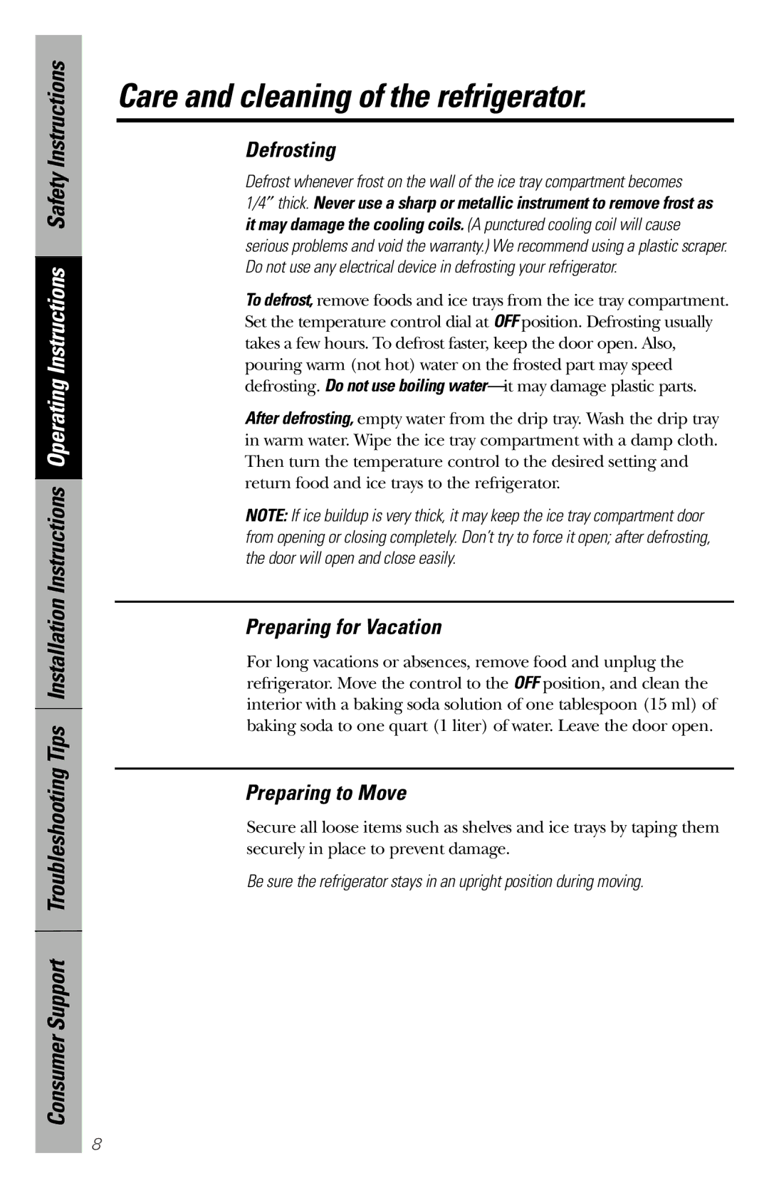 GE 162D9639P004 Care and cleaning of the refrigerator, Defrosting, Preparing for Vacation, Preparing to Move 