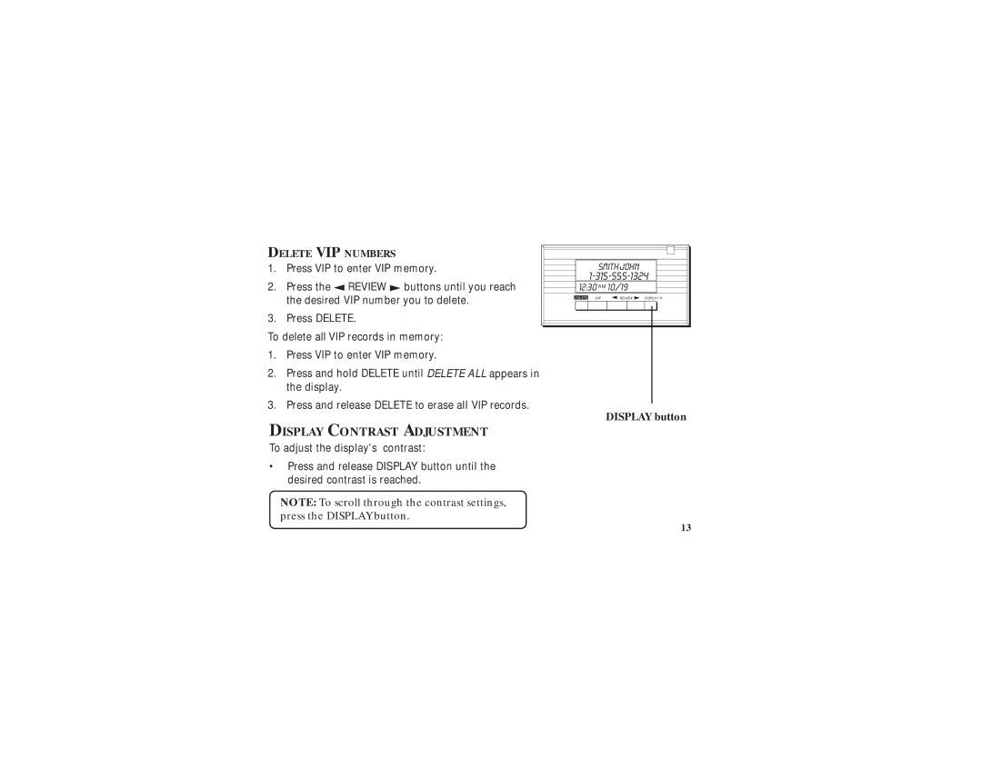 GE 347A8359-0001, 2-9079 manual Display Contrast Adjustment, Delete VIP Numbers 