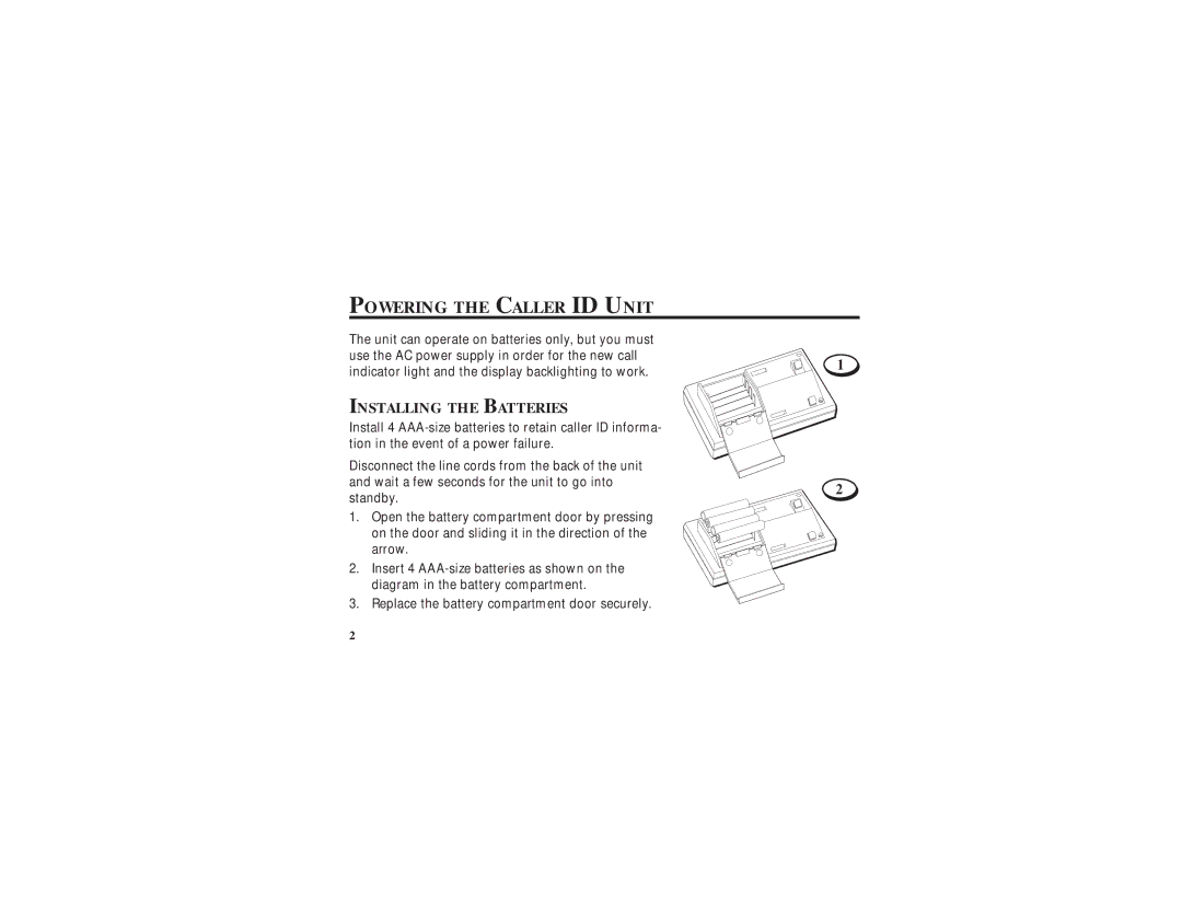 GE 2-9079, 347A8359-0001 manual Powering the Caller ID Unit, Installing the Batteries 