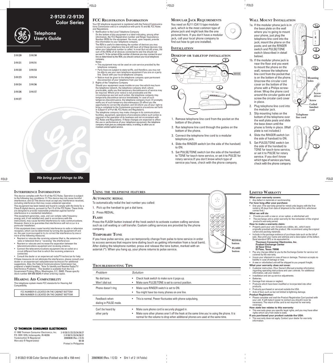 GE 2-9126 warranty Installation Desktop or Tabletop Installation, Interference Information, Hearing AID Compatibility 