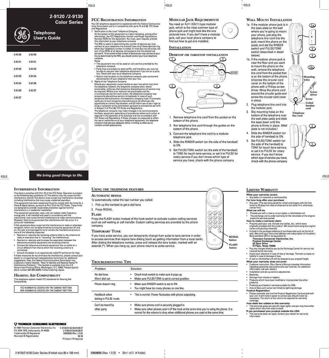 GE 2-9126 warranty 2-9120 /2-9130 Color Series, Telephone Users Guide, We bring good things to life, Problem, Solution 