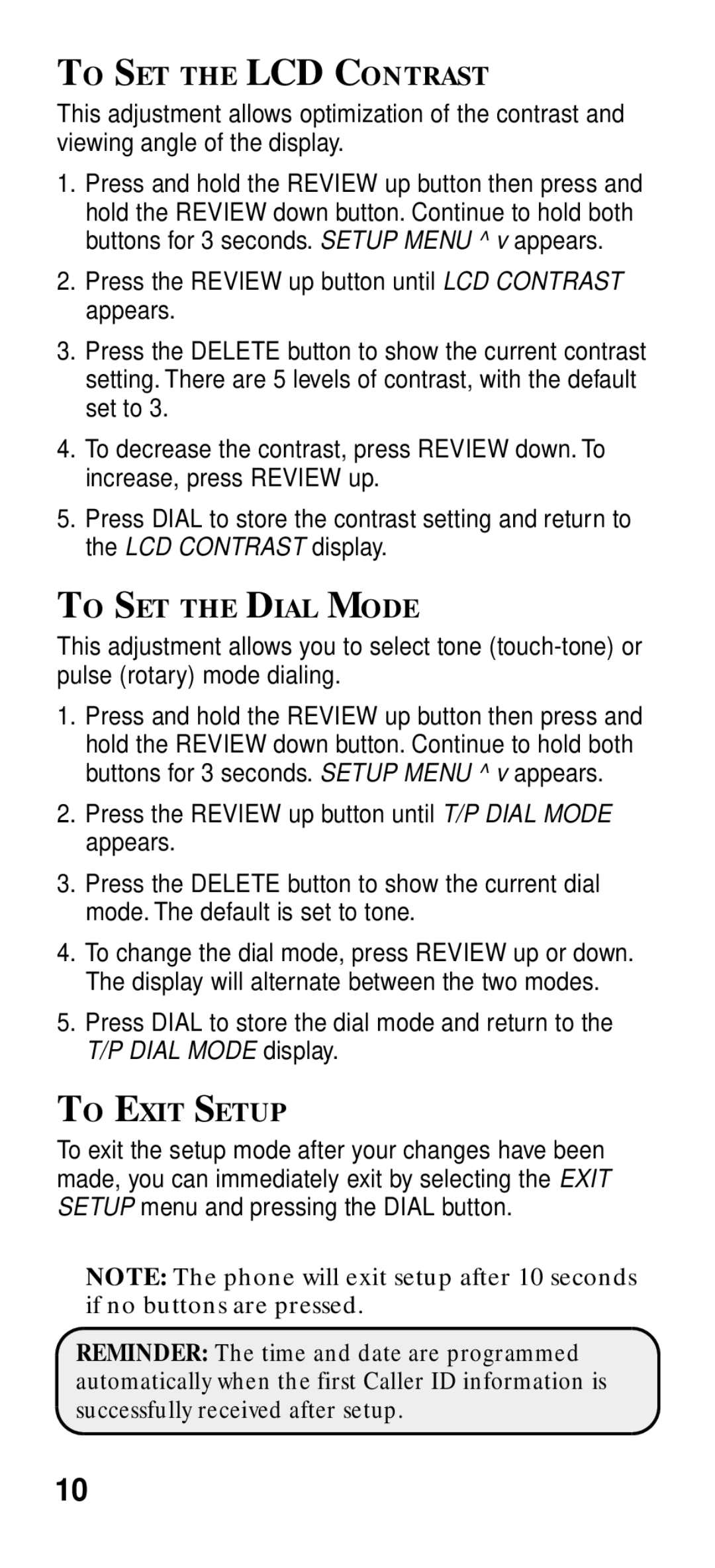 GE 2-9191 manual To SET the LCD Contrast, To SET the Dial Mode, To Exit Setup 