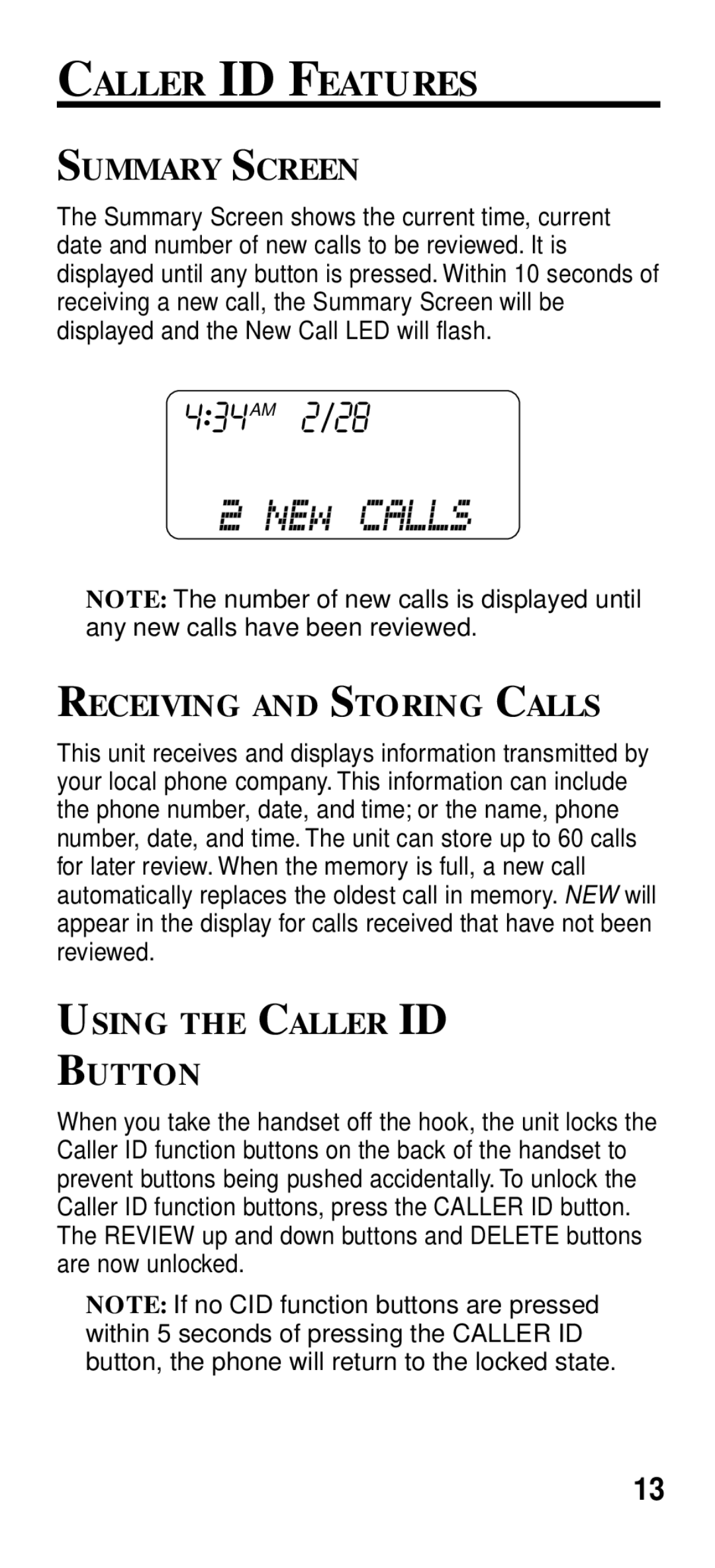 GE 2-9191 manual Caller ID Features, Summary Screen, Receiving and Storing Calls, Using the Caller ID Button 