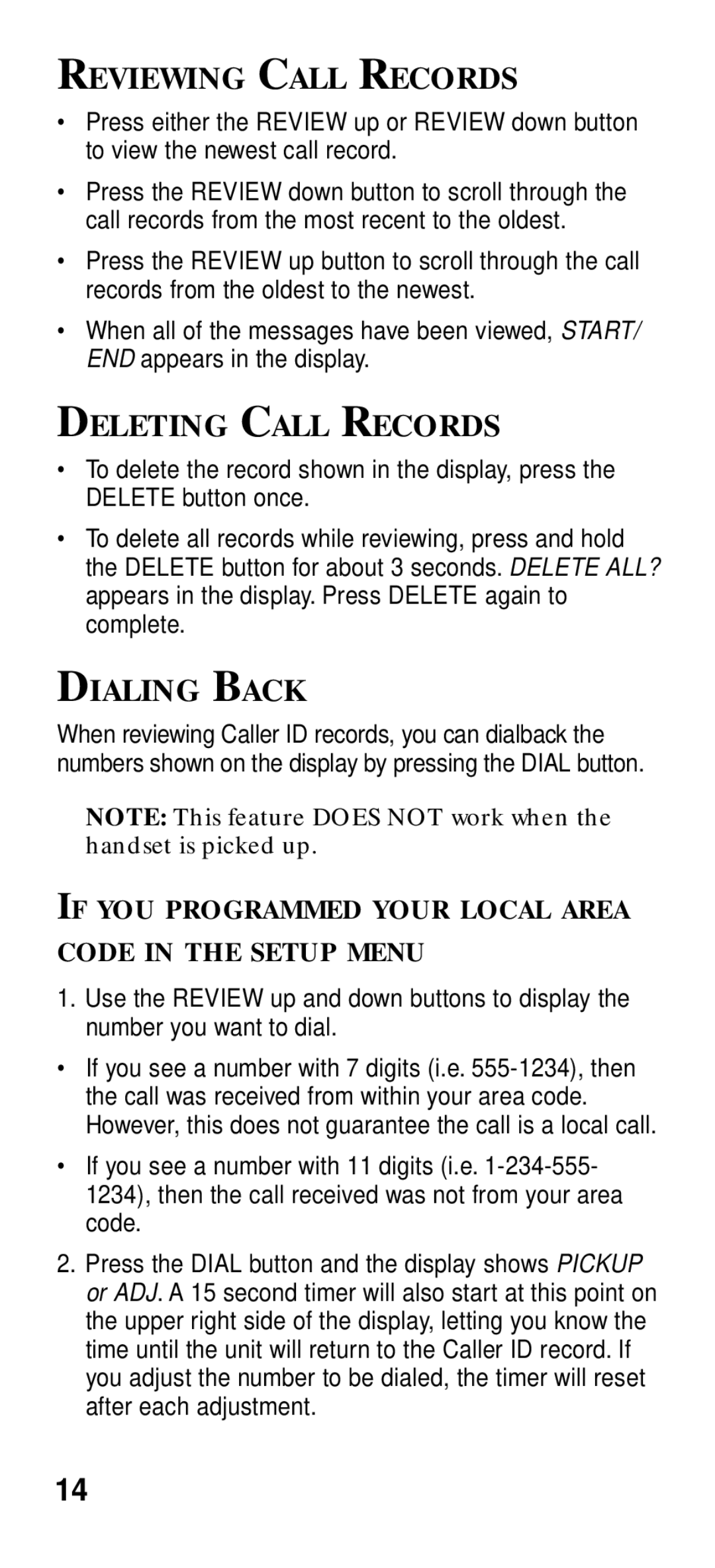 GE 2-9191 manual Reviewing Call Records, Deleting Call Records, Dialing Back 