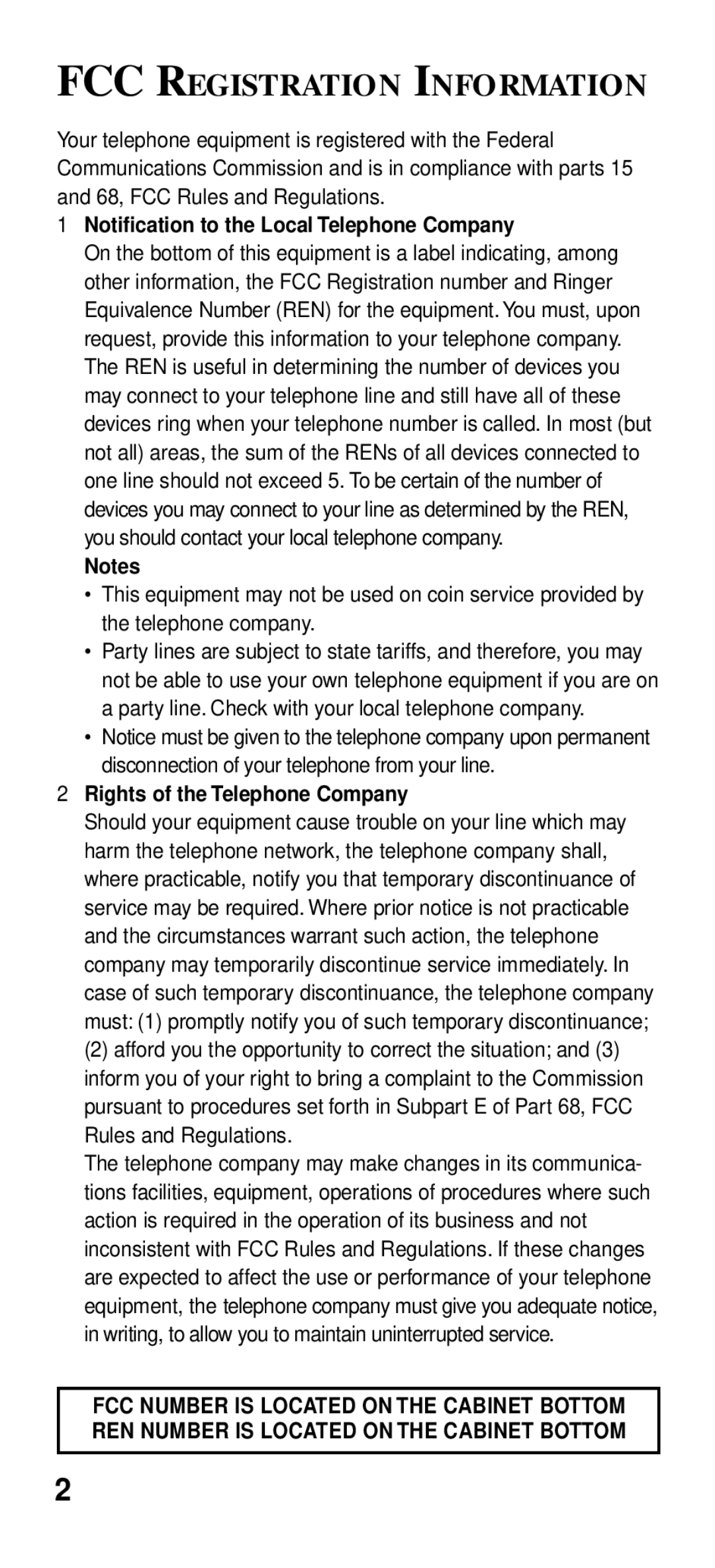 GE 2-9191 manual FCC Registration Information, Notification to the Local Telephone Company 