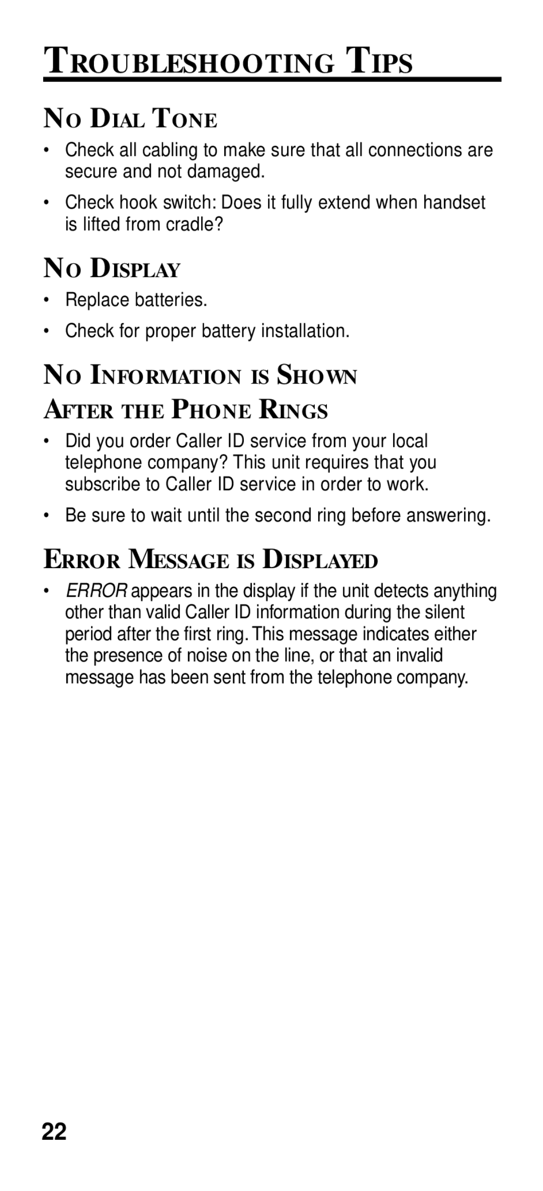 GE 2-9191 manual Troubleshooting Tips, No Dial Tone, No Display, No Information is Shown After the Phone Rings 