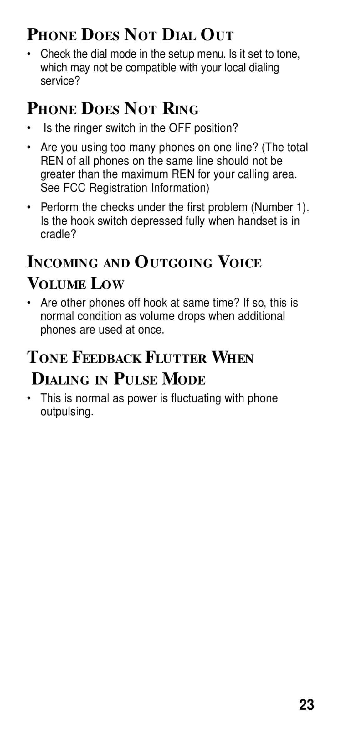 GE 2-9191 manual Phone does not Dial OUT, Phone does not Ring, Incoming and Outgoing Voice Volume LOW 