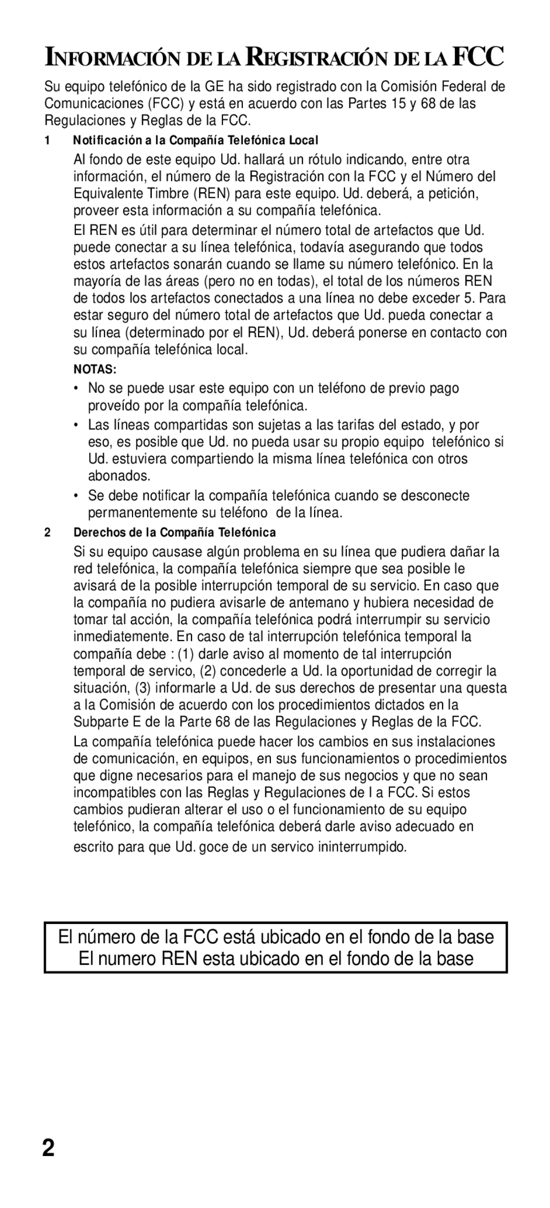 GE 2-9191 manual El numero REN esta ubicado en el fondo de la base 