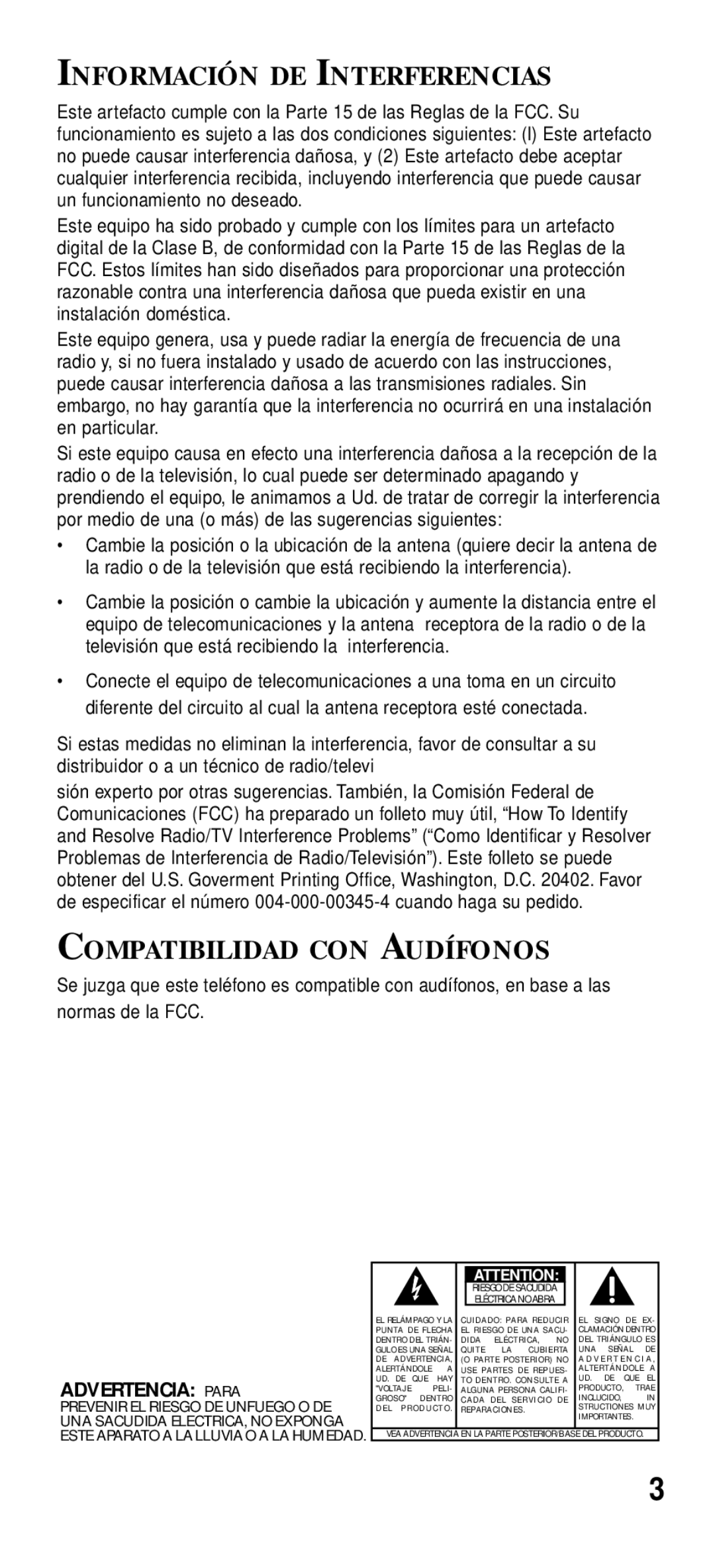 GE 2-9191 manual Información DE Interferencias, Compatibilidad CON Audífonos 