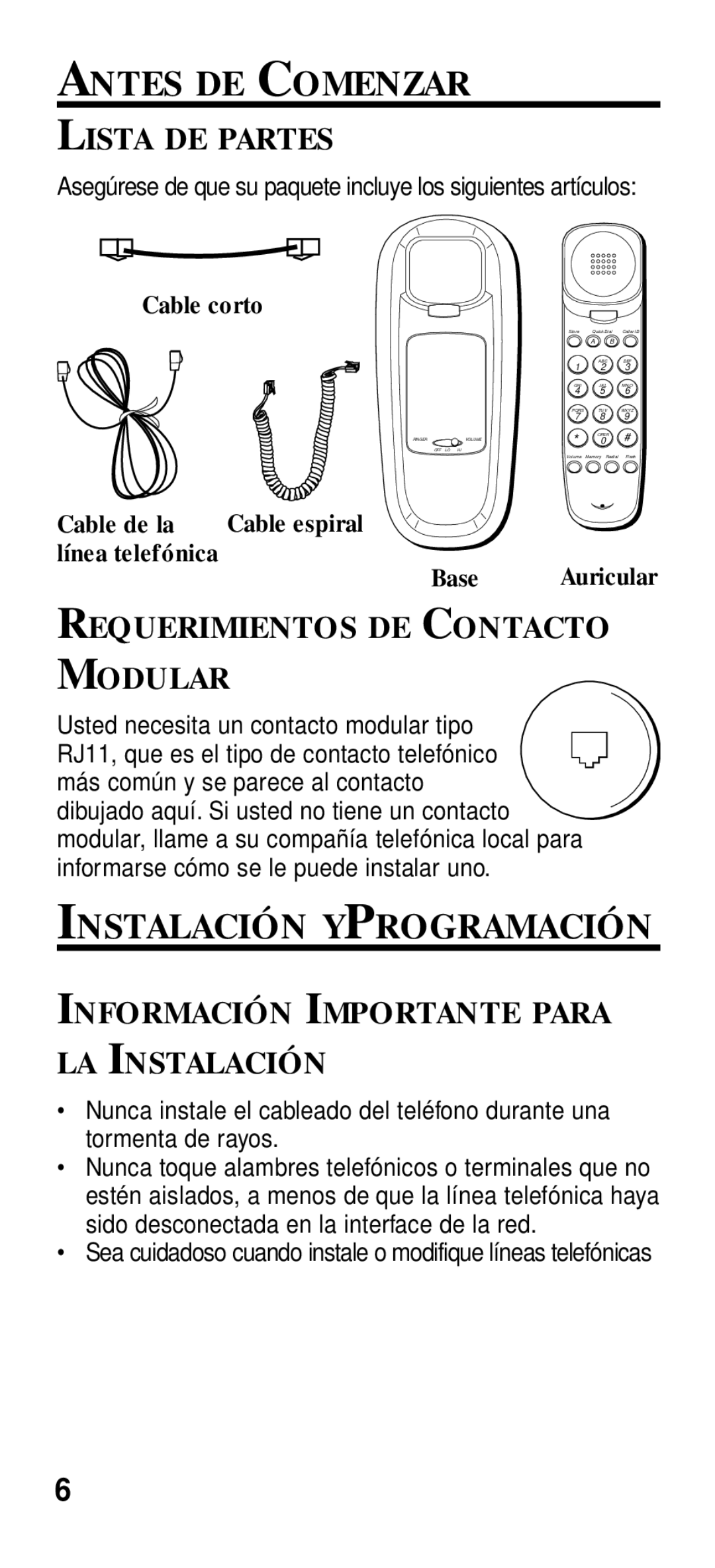 GE 2-9191 manual Antes DE Comenzar, Instalación Yprogramación, Lista DE Partes, Requerimientos DE Contacto Modular 