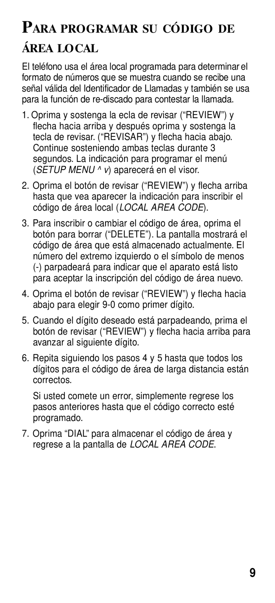 GE 2-9191 manual Para Programar SU Código DE Área Local 