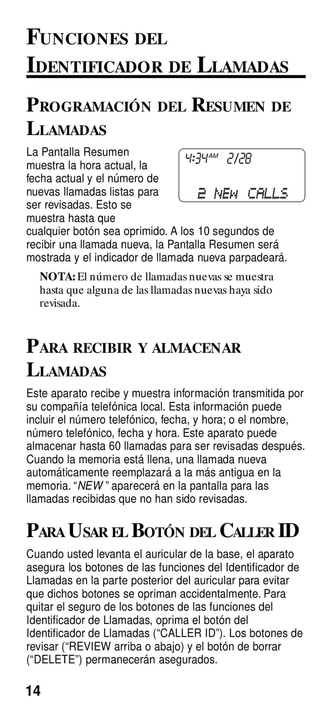 GE 2-9191 manual Funciones DEL Identificador DE, Programación DEL Llamadas, Para Recibir Y Almacenar Llamadas 