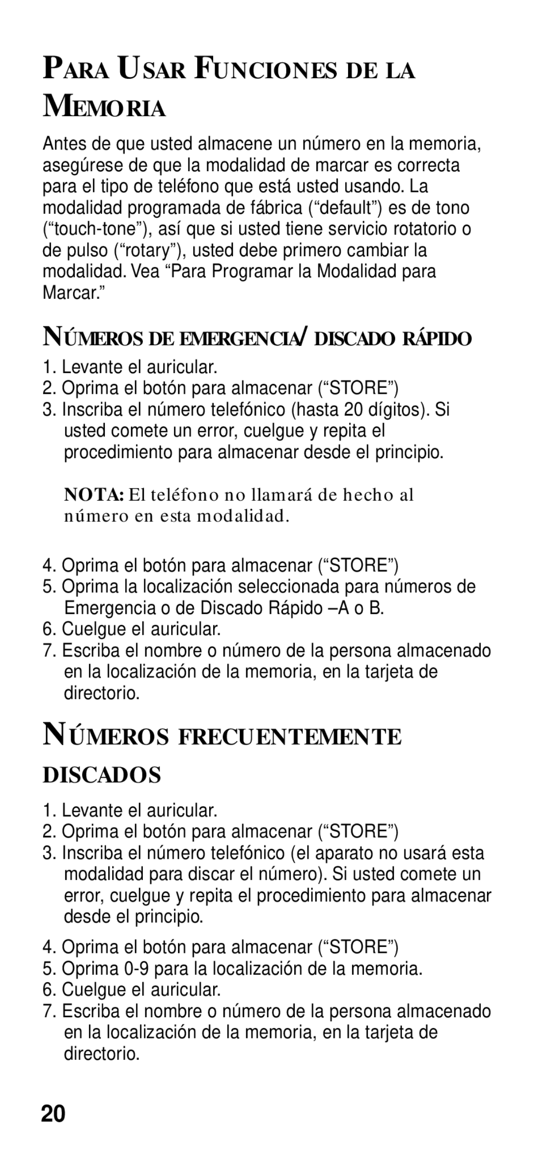 GE 2-9191 manual Para Usar Funciones DE LA Memoria, Números Frecuentemente Discados, Números DE EMERGENCIA/DISCADO Rápido 