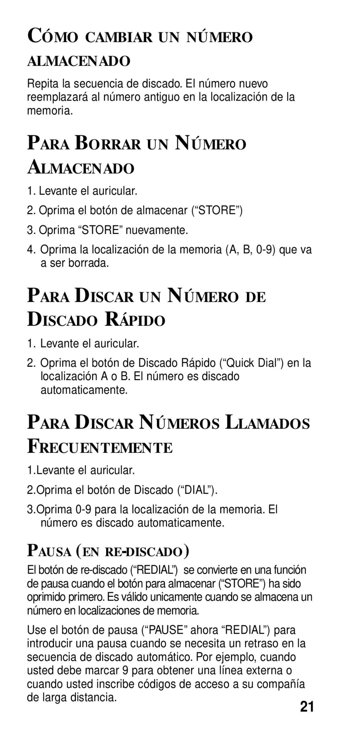 GE 2-9191 Cómo Cambiar UN Número Almacenado, Para Borrar UN Número Almacenado, Para Discar UN Número DE Discado Rápido 