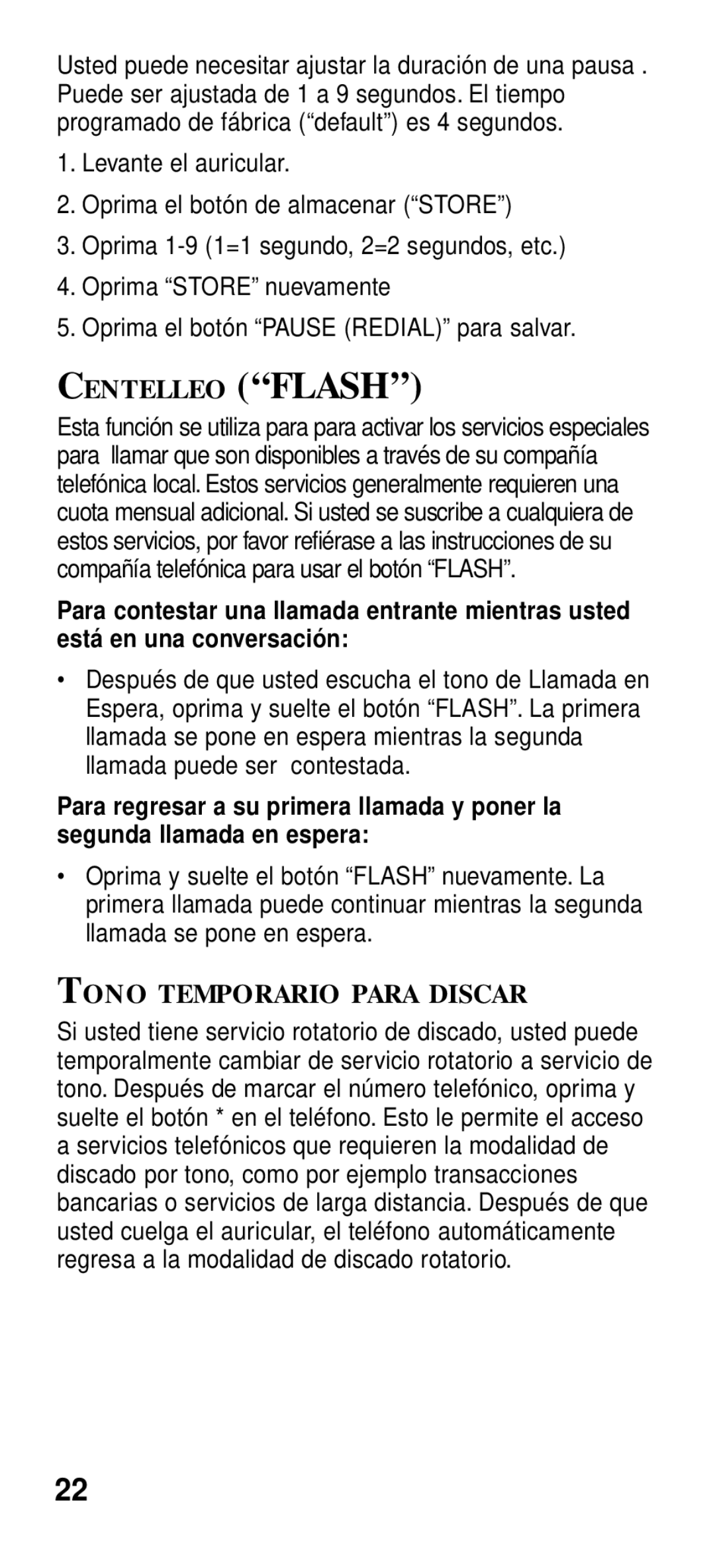 GE 2-9191 manual Centelleo Flash, Tono Temporario Para Discar 