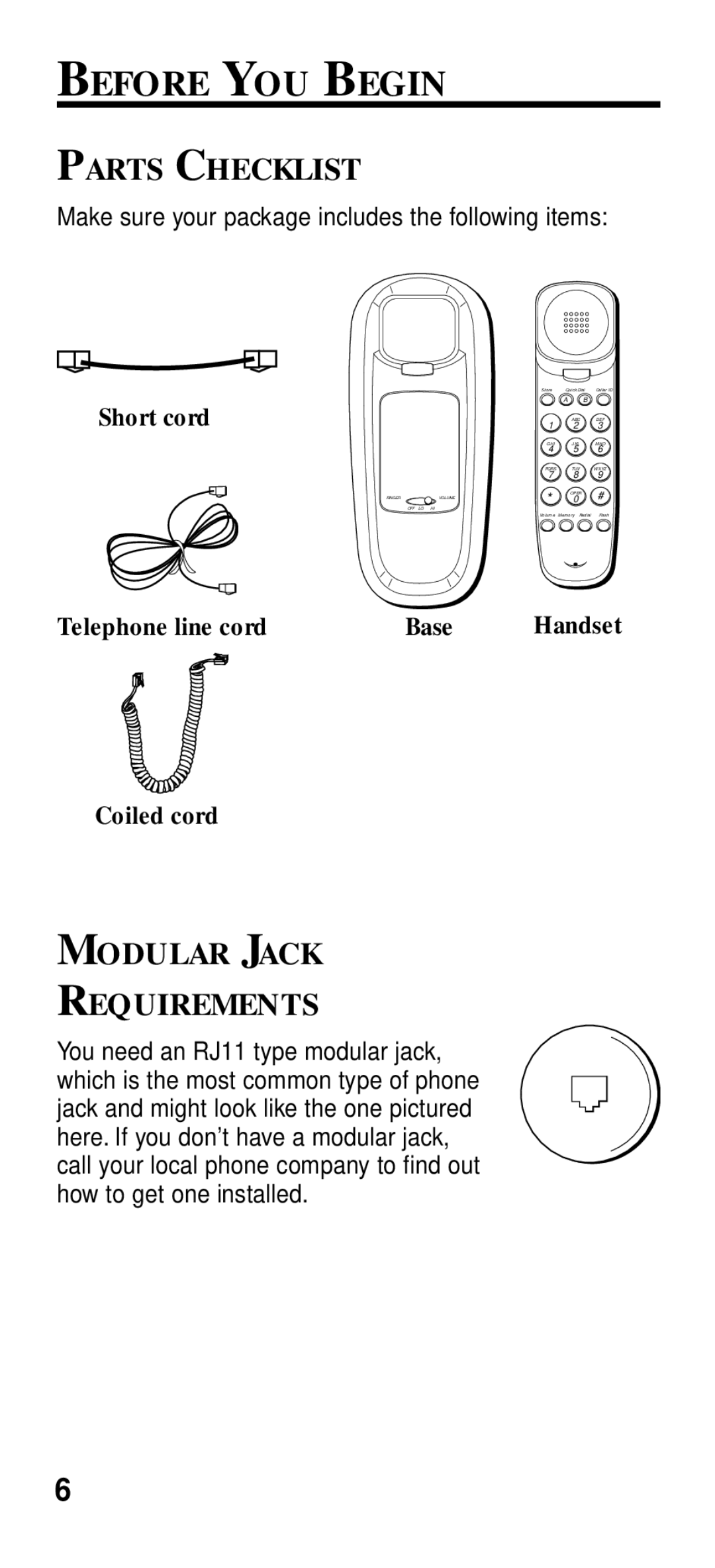 GE 2-9191 manual Before YOU Begin, Parts Checklist, Modular Jack Requirements 