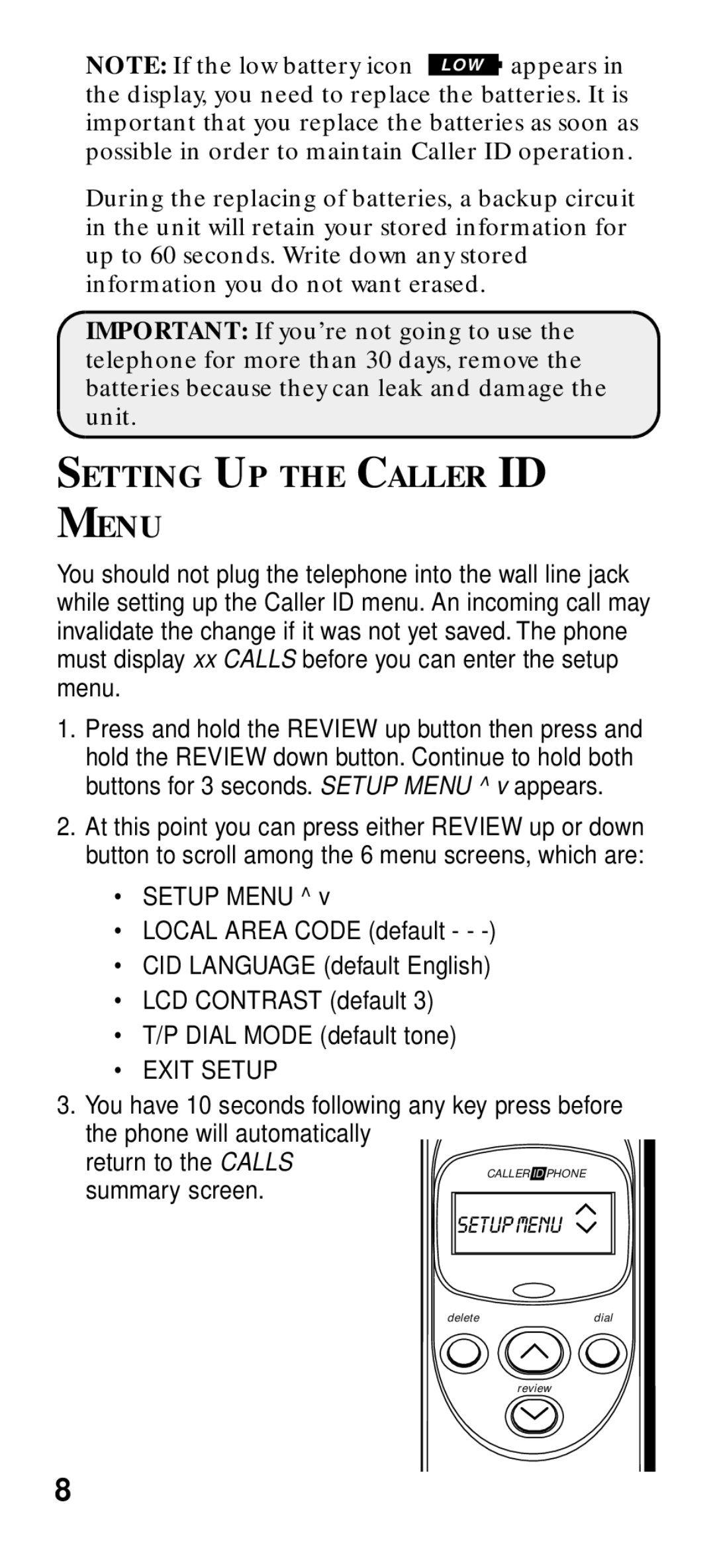 GE 2-9191 manual Setting UP the Caller ID Menu, Exit Setup 