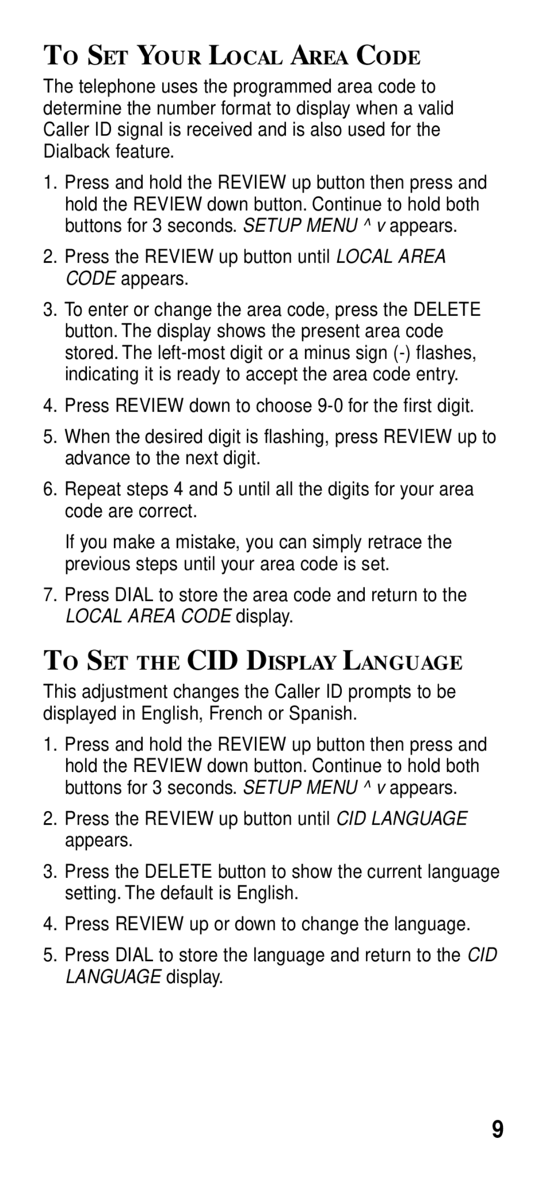 GE 2-9191 manual To SET Your Local Area Code, To SET the CID Display Language 