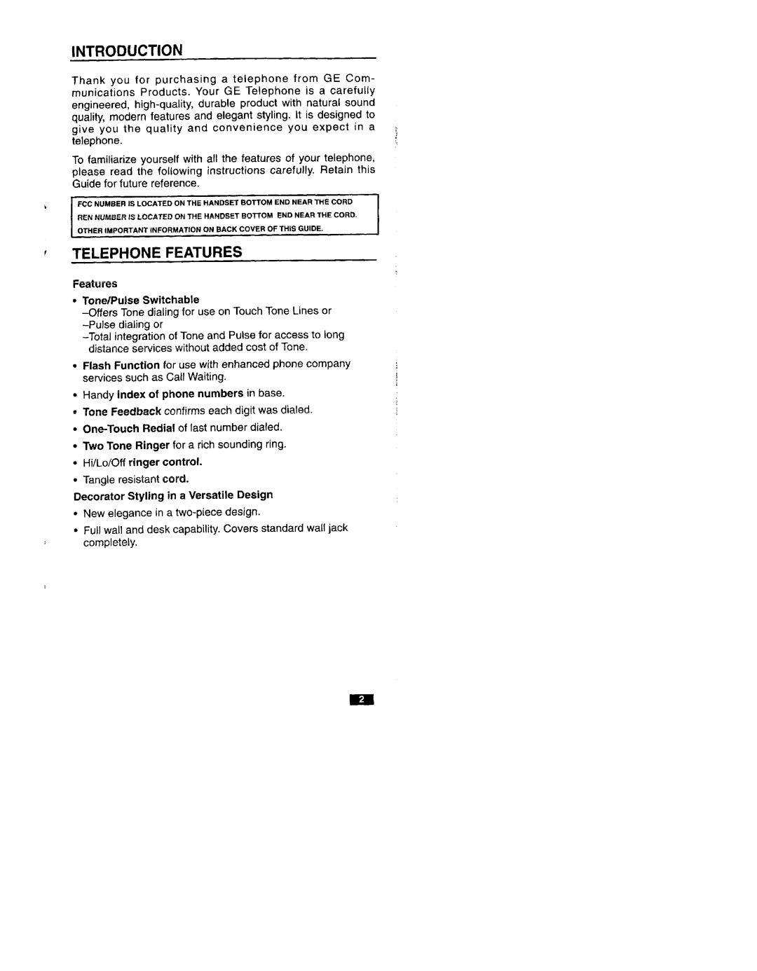 GE 2-9200 manual Introduction, Telephone Features 