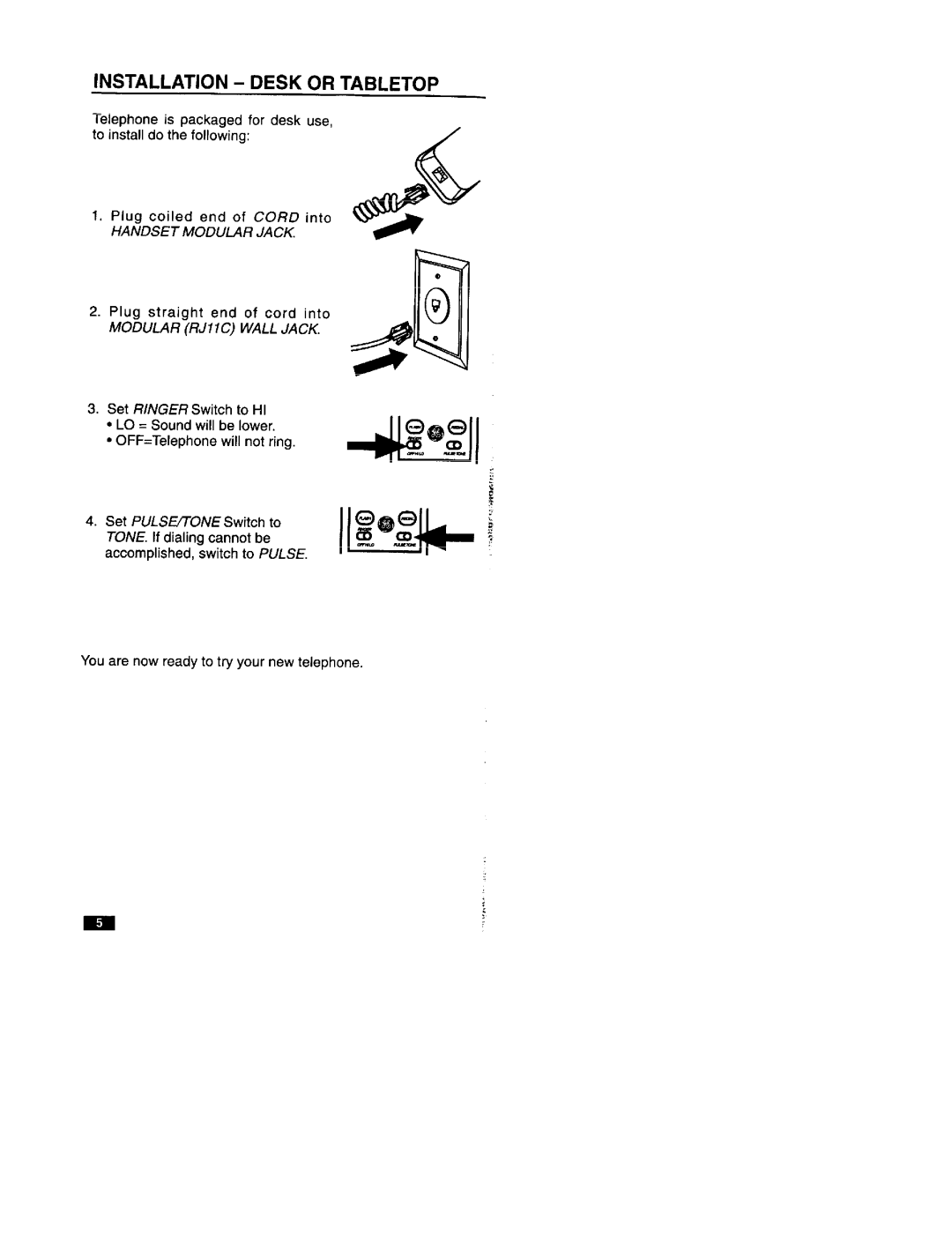 GE 2-9200 manual Installation Desk or Tabletop, Set PULSflONE Switch to 