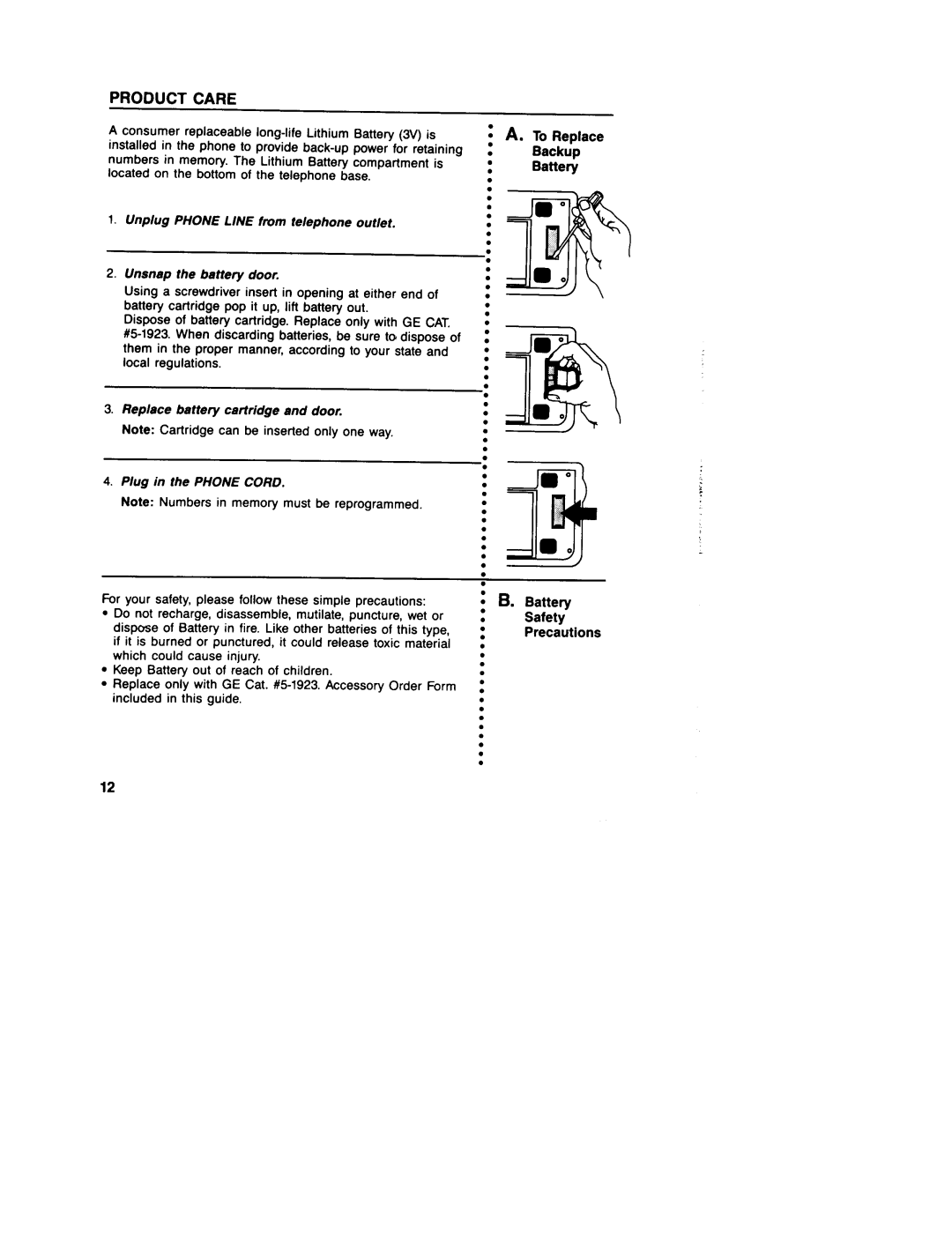 GE 2-9235, 2-9233, 2-9230 manual Product Care, ~ A. To Replace, Battery, Safety 