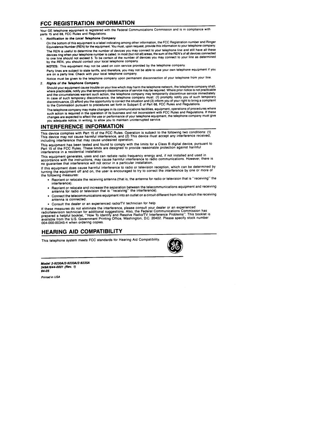 GE 2-9233, 2-9235, 2-9230 manual FCC Registration Information, Interference Information, Hearing AID Compatibility 