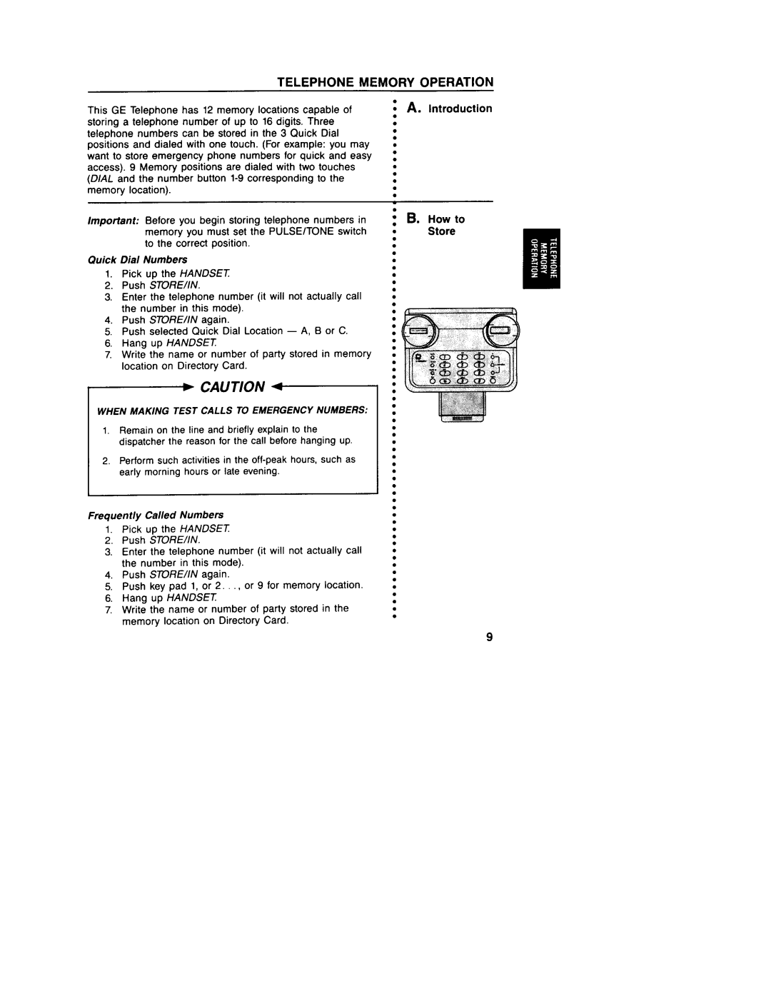 GE 2-9235, 2-9233, 2-9230 Telephone Memory Operation, Store, Quick Dial Numbers, Push S~RE/lN, Frequently Called Numbers 