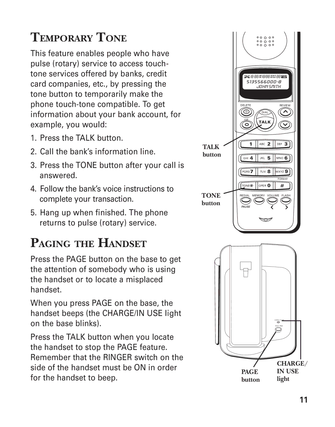 GE 2-930SST manual Temporary Tone, Paging the Handset 