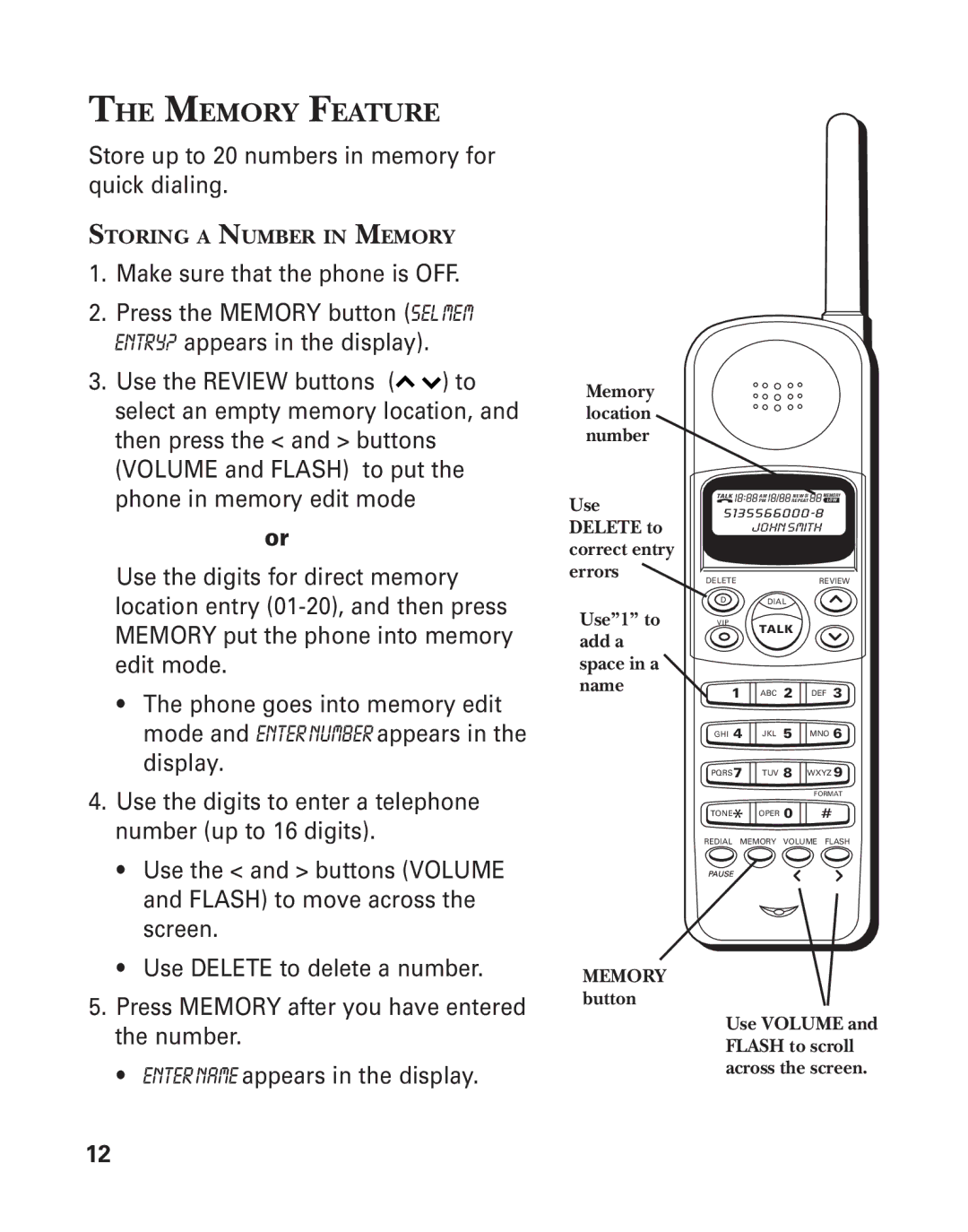 GE 2-930SST manual Memory Feature, Name 