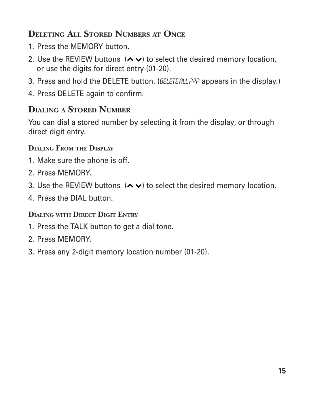 GE 2-930SST manual Deleting ALL Stored Numbers AT Once 