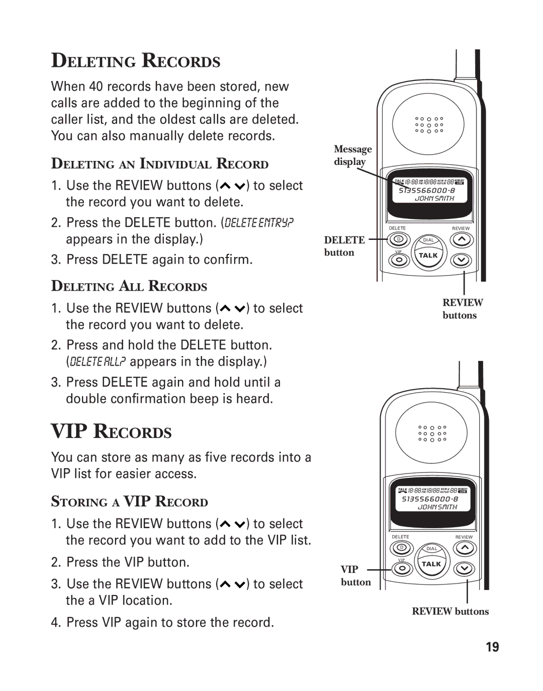 GE 2-930SST manual Deleting Records, VIP Records 