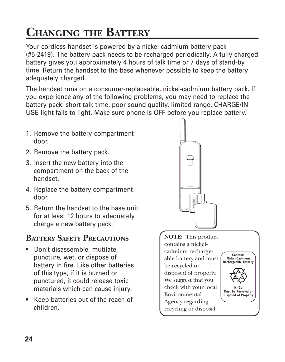 GE 2-930SST manual Changing the Battery, Keep batteries out of the reach of children 