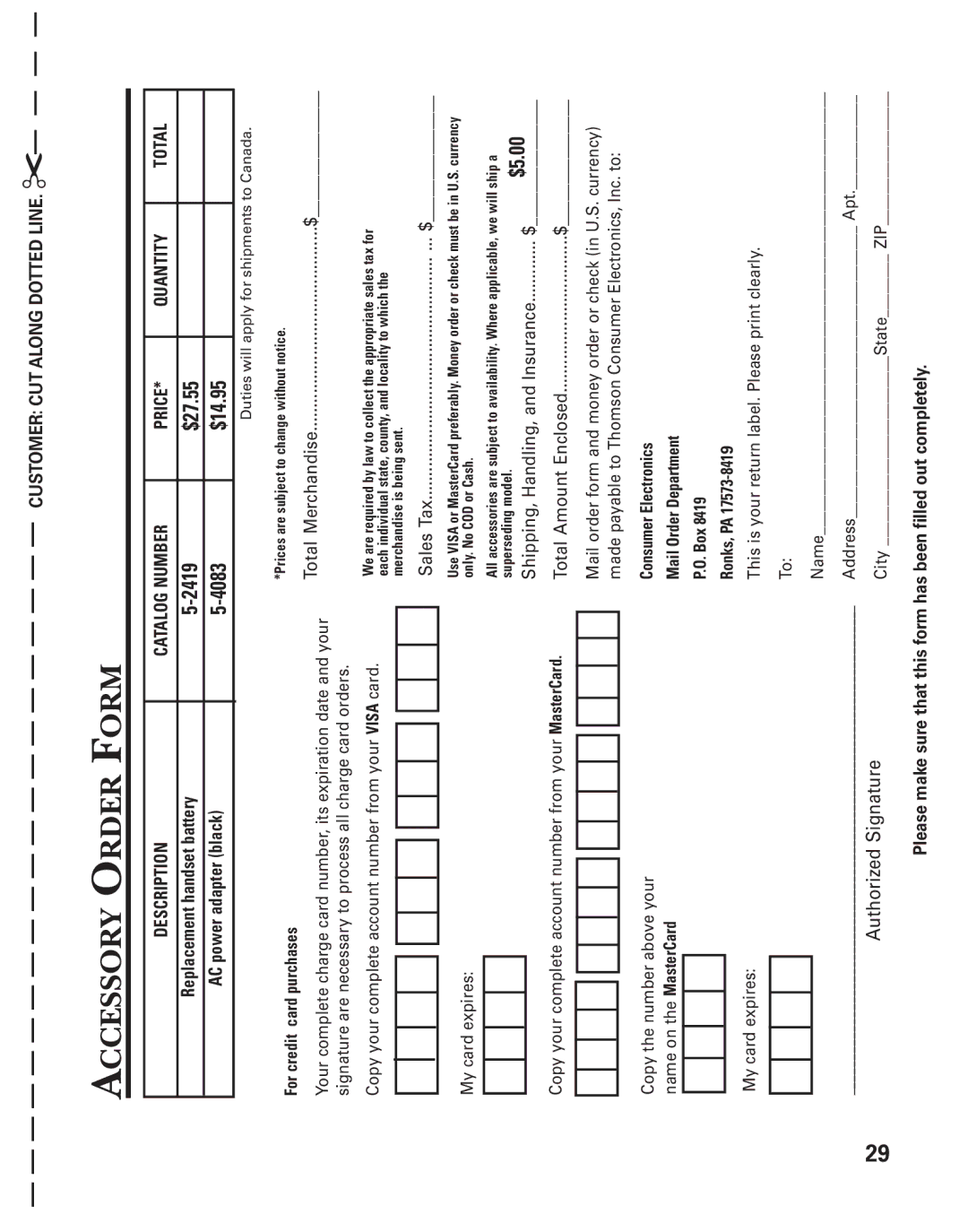 GE 2-930SST manual Accessory Order Form, $14.95 