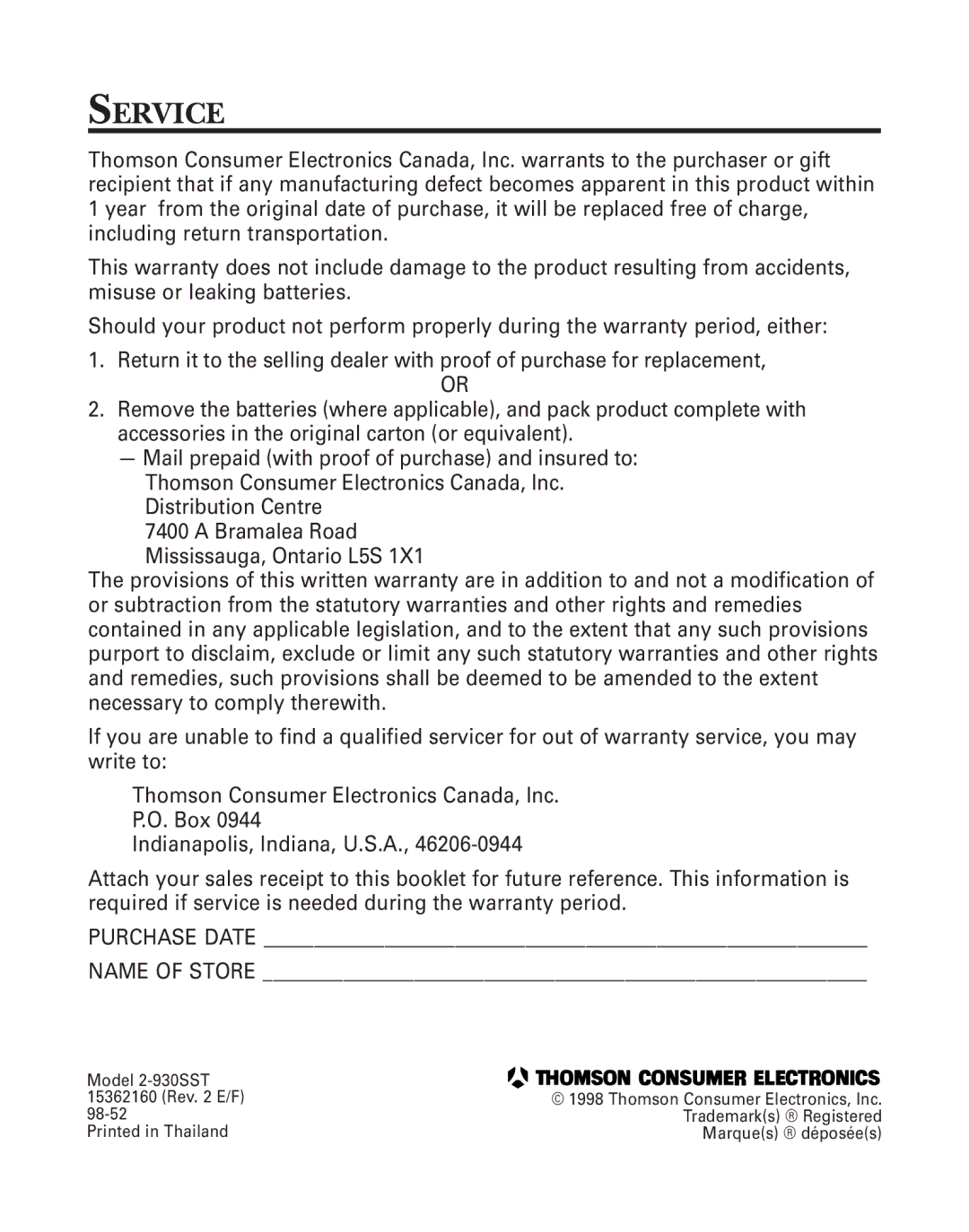 GE 2-930SST manual Service, Purchase Date Name of Store 