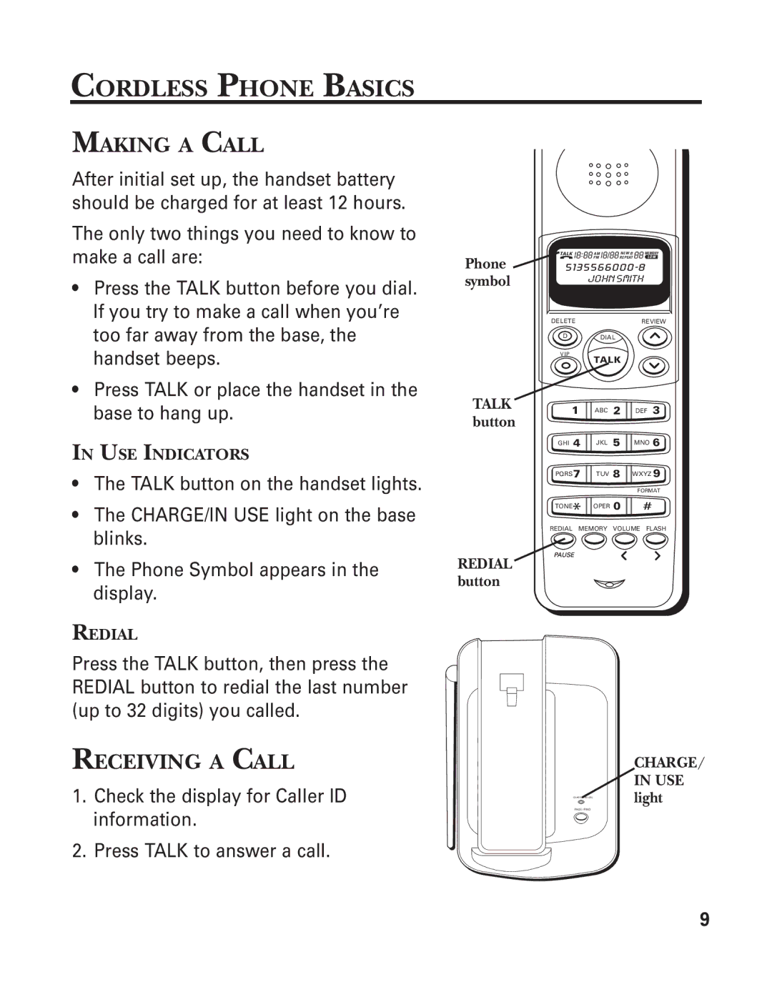 GE 2-930SST manual Cordless Phone Basics, Making a Call, Receiving a Call 