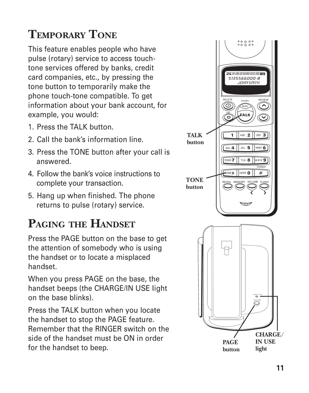 GE 2-931SST manual Temporary Tone, Paging the Handset 