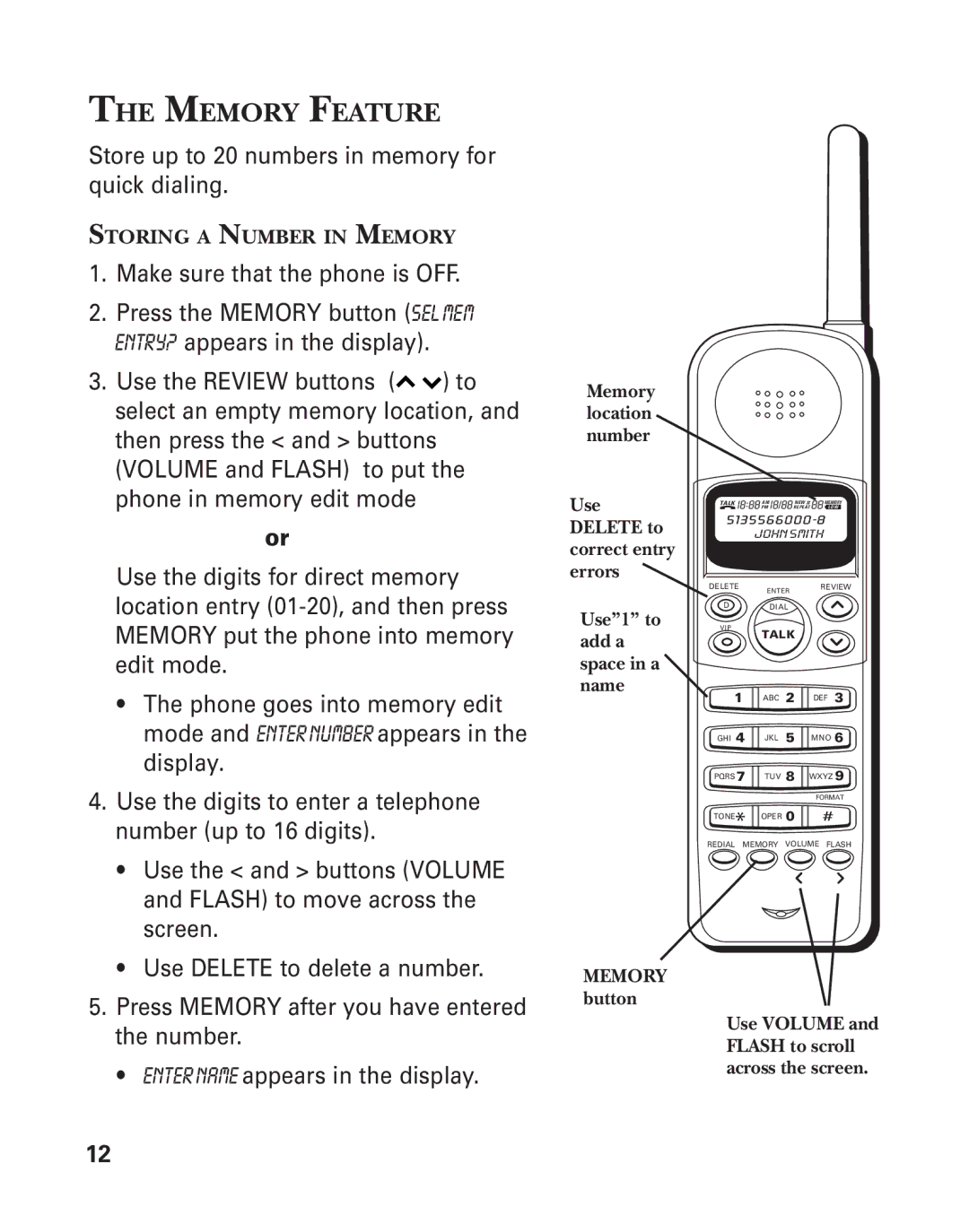 GE 2-931SST manual Memory Feature, Name 