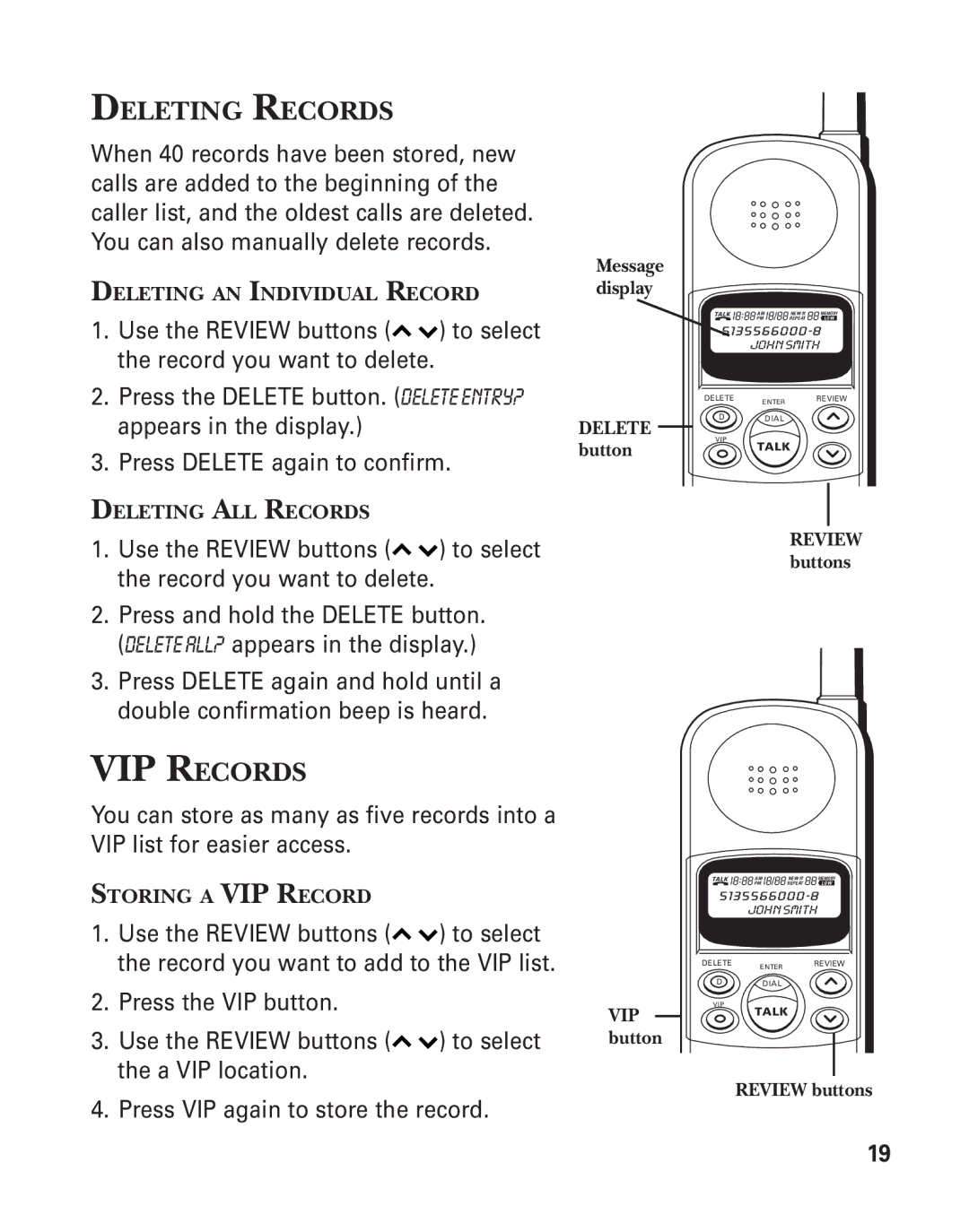 GE 2-931SST manual Deleting Records, VIP Records 