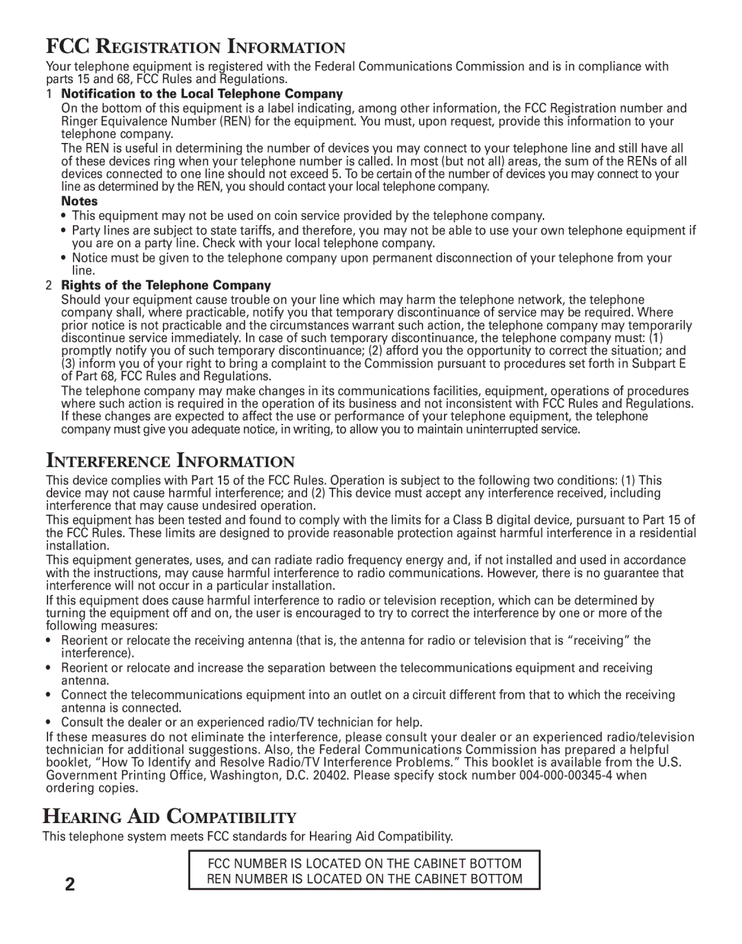 GE 2-931SST manual FCC Registration Information 