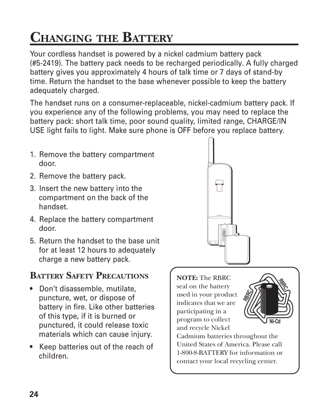 GE 2-931SST manual Changing the Battery, Keep batteries out of the reach of children 