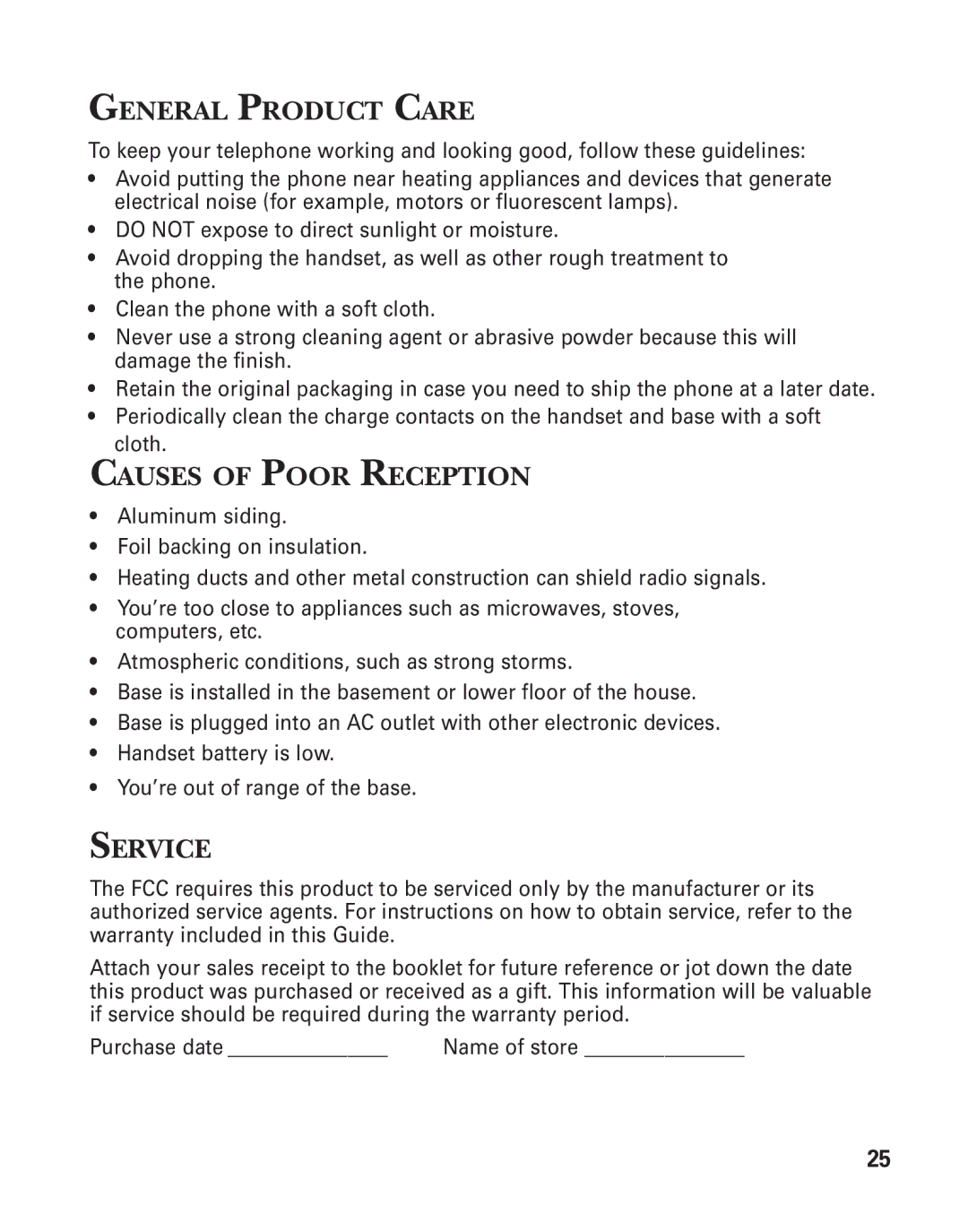 GE 2-931SST manual General Product Care, Causes of Poor Reception, Service 