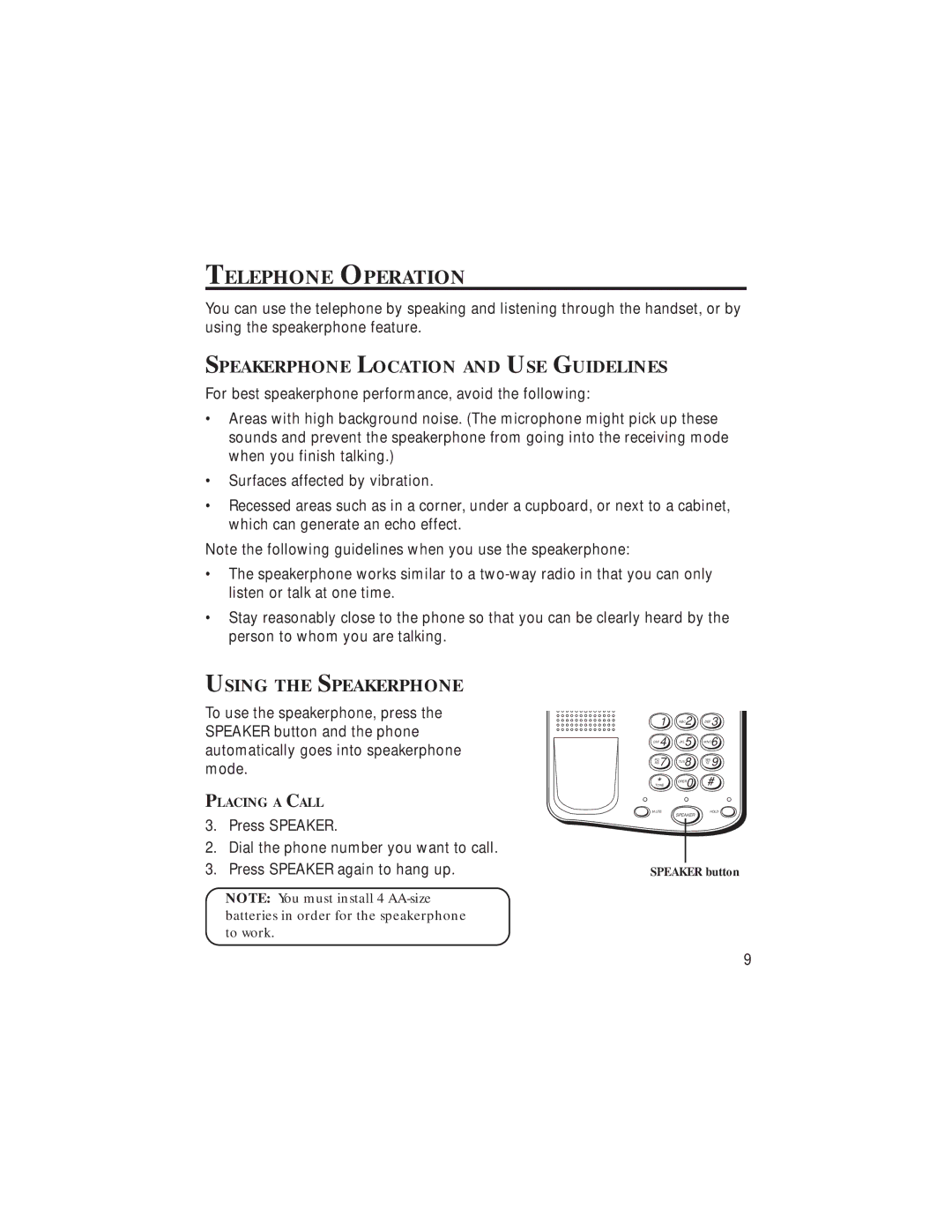 GE 20631670-0001, 2-9382 manual Telephone Operation, Speakerphone Location and USE Guidelines, Using the Speakerphone 