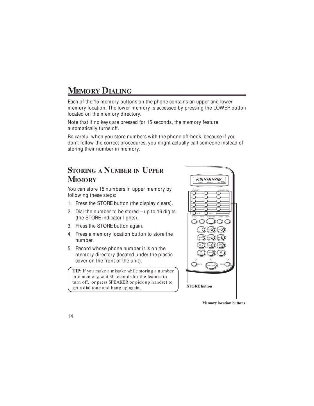 GE 2-9382, 20631670-0001 manual Memory Dialing, Storing a Number in Upper Memory 