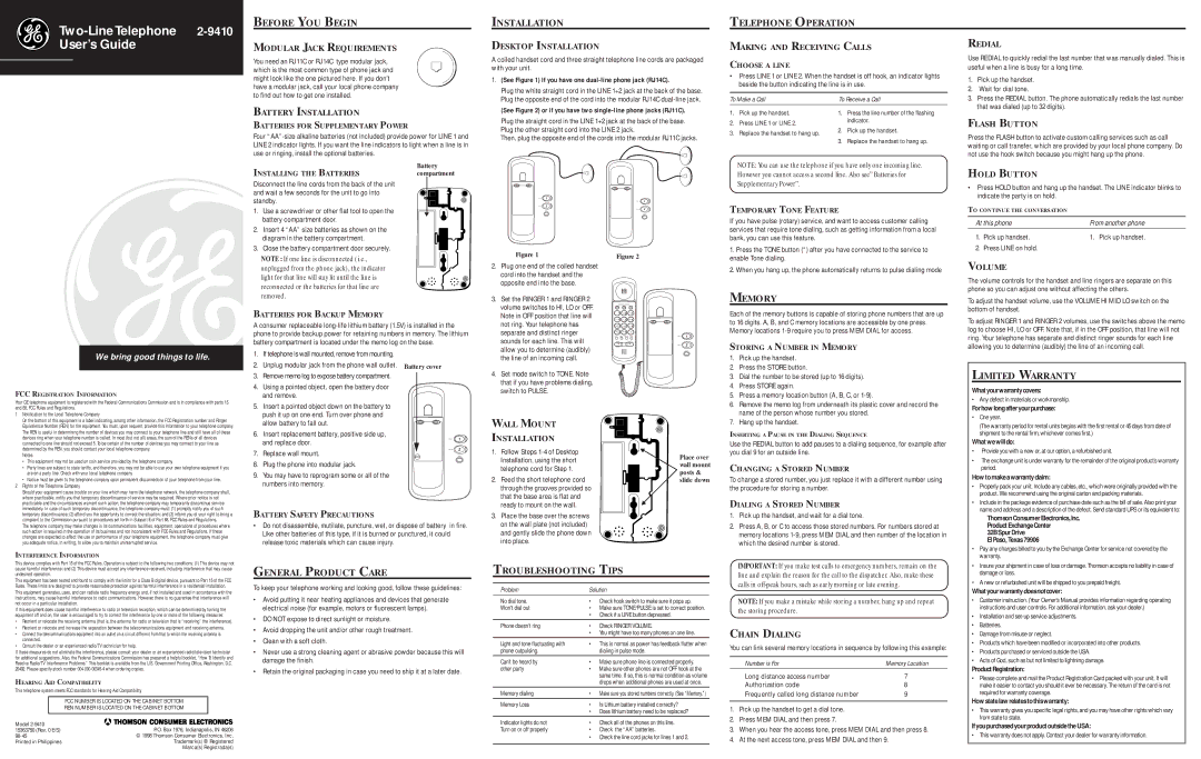 GE 2-9410 warranty Before YOU Begin Installation Telephone Operation, Memory, Limited Warranty, General Product Care 