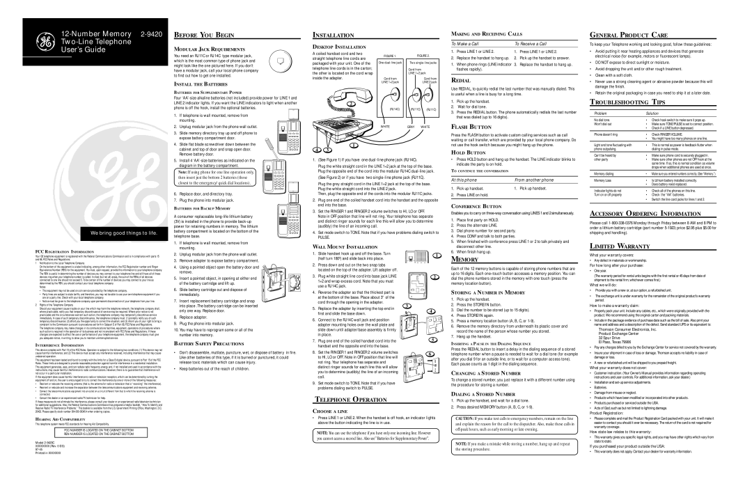 GE 2-9420 warranty Before YOU Begin, Installation, Telephone Operation, Memory, General Product Care, Troubleshooting Tips 