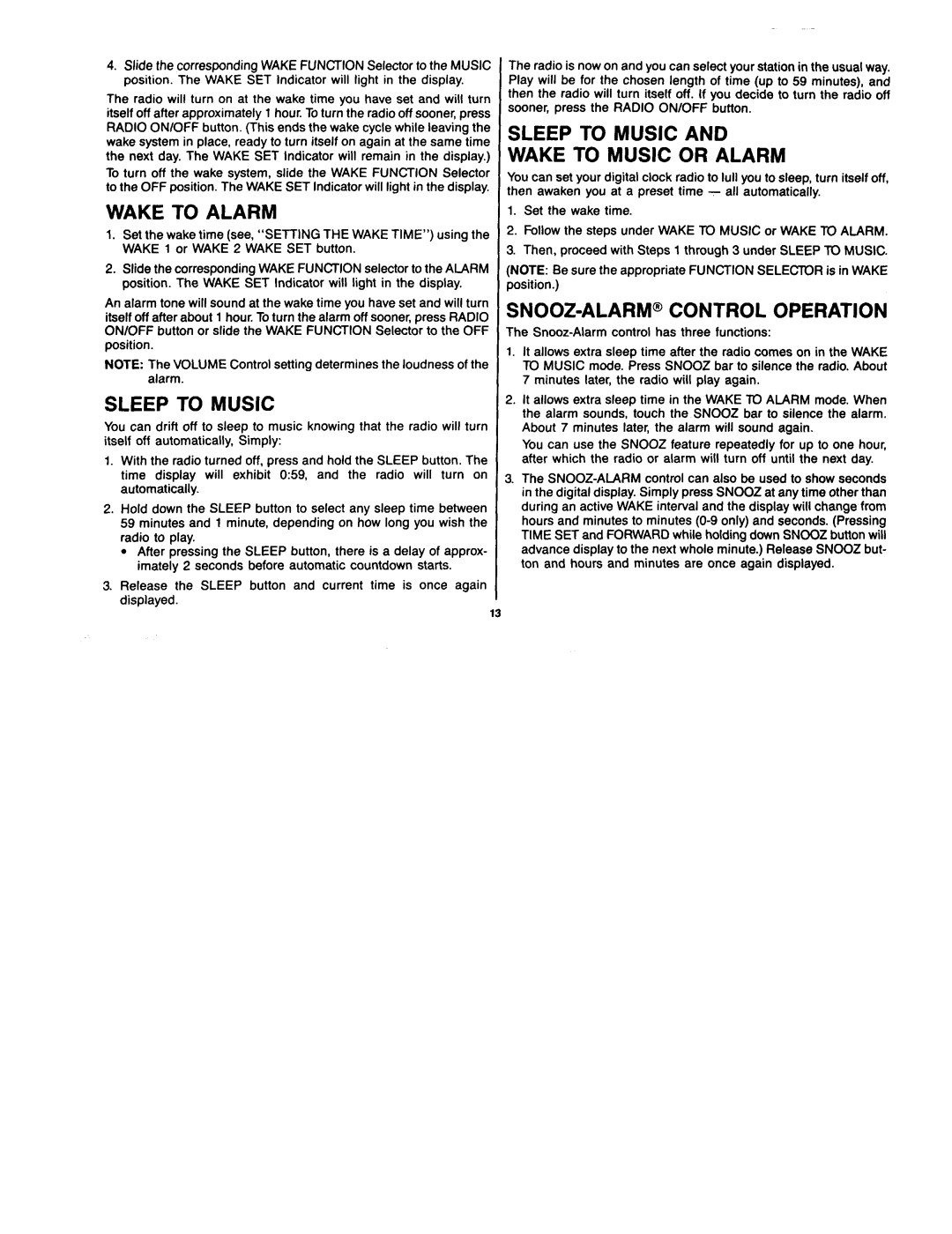 GE 2-9720 manual Wake to Alarm, Sleep to Music Wake to Music or Alarm, SNOOZ-ALARM@ Control Operation 