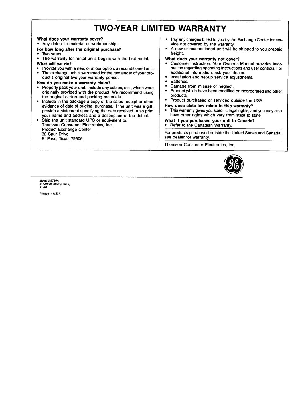 GE 2-9720 manual TWO-YEAR Limited Warranty 