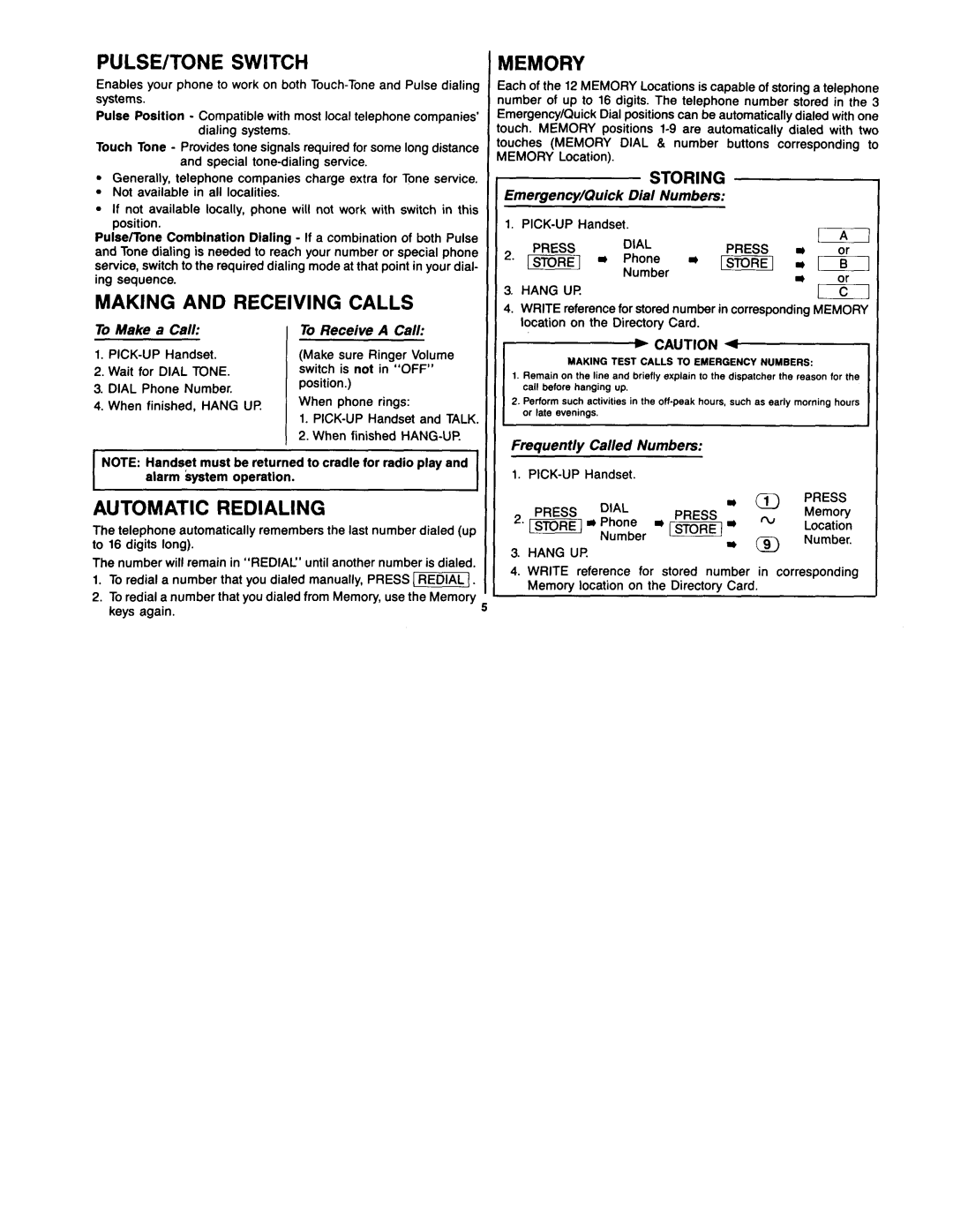 GE 2-9720 manual PULSE/TONE Switch, Making and Receiving Calls Memory, Automatic Redialing 