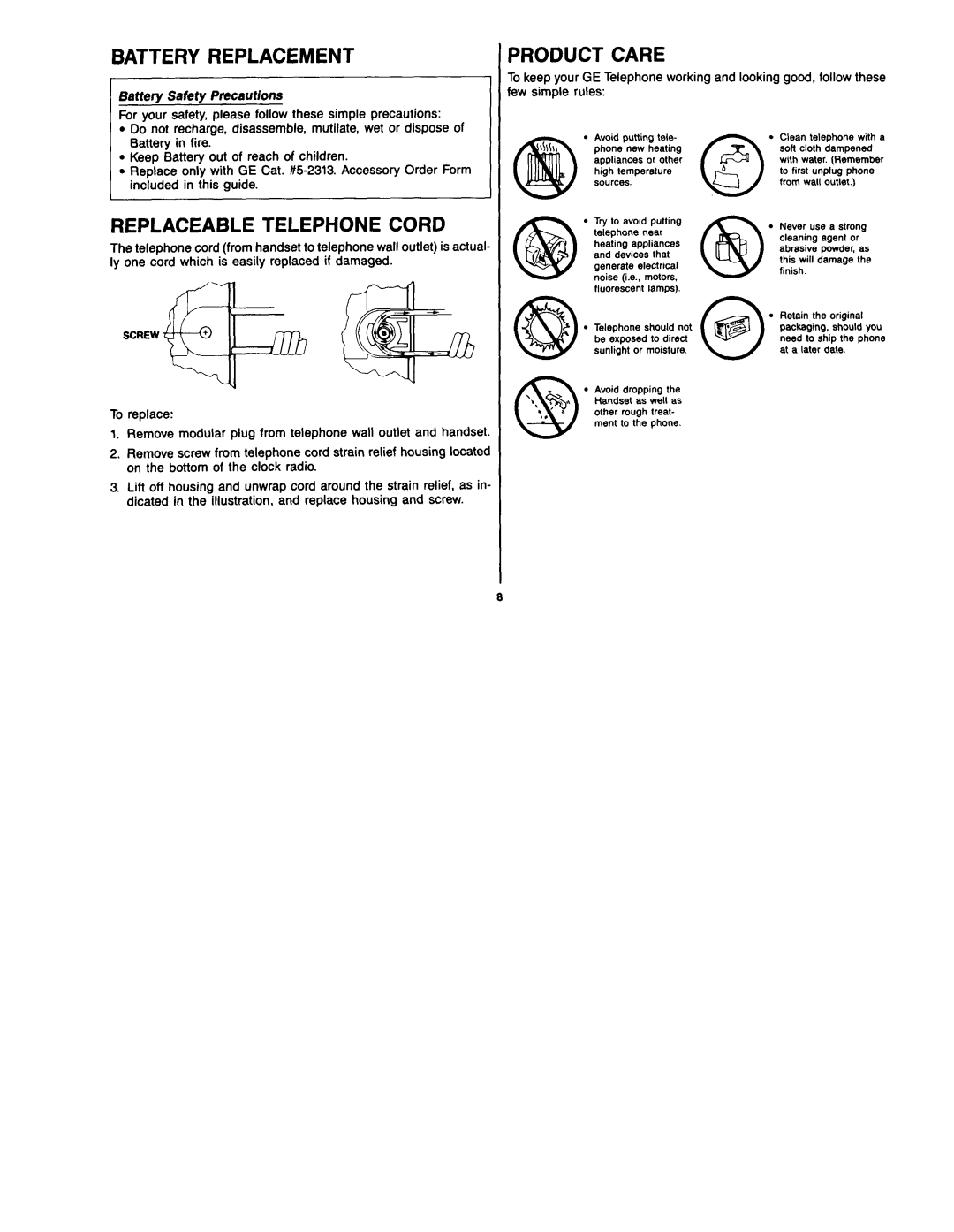 GE 2-9720 manual Battery Replacement, Product Care, Replaceable Telephone Cord 