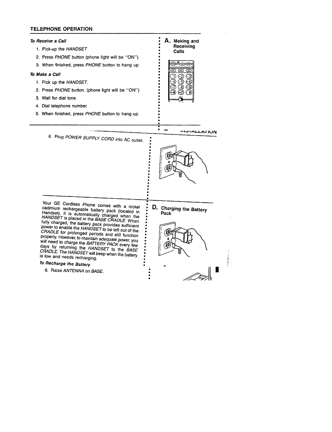 GE 2-9730 manual Telephone Operation, Making, Calls, Pick-up the Handset, When finished, press Phone button to hang up 